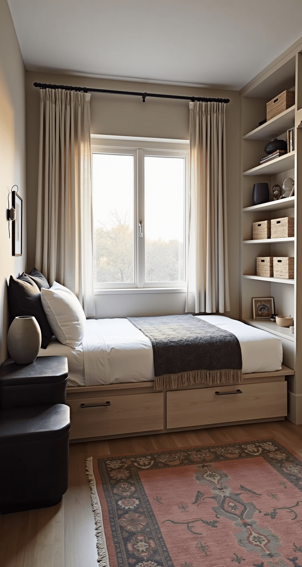 Intimate bedroom nook at dusk featuring a twin bed with bleached oak storage drawers beneath a window with sheer linen panels, black floating nightstands with ceramic lamps, and floor-to-ceiling white built-ins. Textural details include velvet pillows, woven baskets, and a vintage Persian runner in a cream, charcoal, and dusty rose color palette.