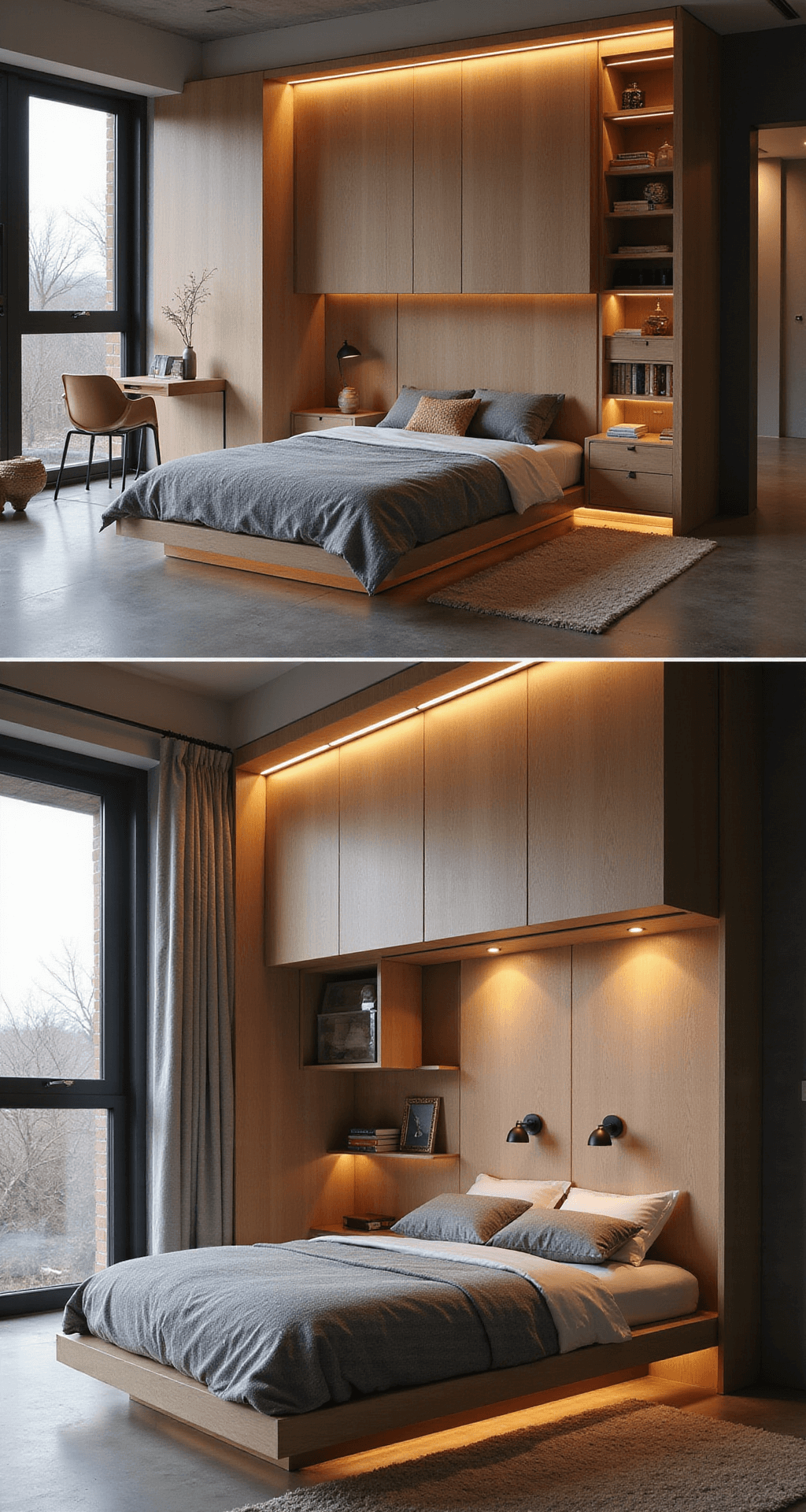 Contemporary micro-bedroom featuring a floor-mounted Murphy bed with integrated shelving, minimalist lucite ghost chair, and a floating copper desk, illuminated by dramatic uplighting and LED strips, showcasing polished concrete floors, maple veneer storage, and metallic accents in cool greys complemented by warm copper and brass details.