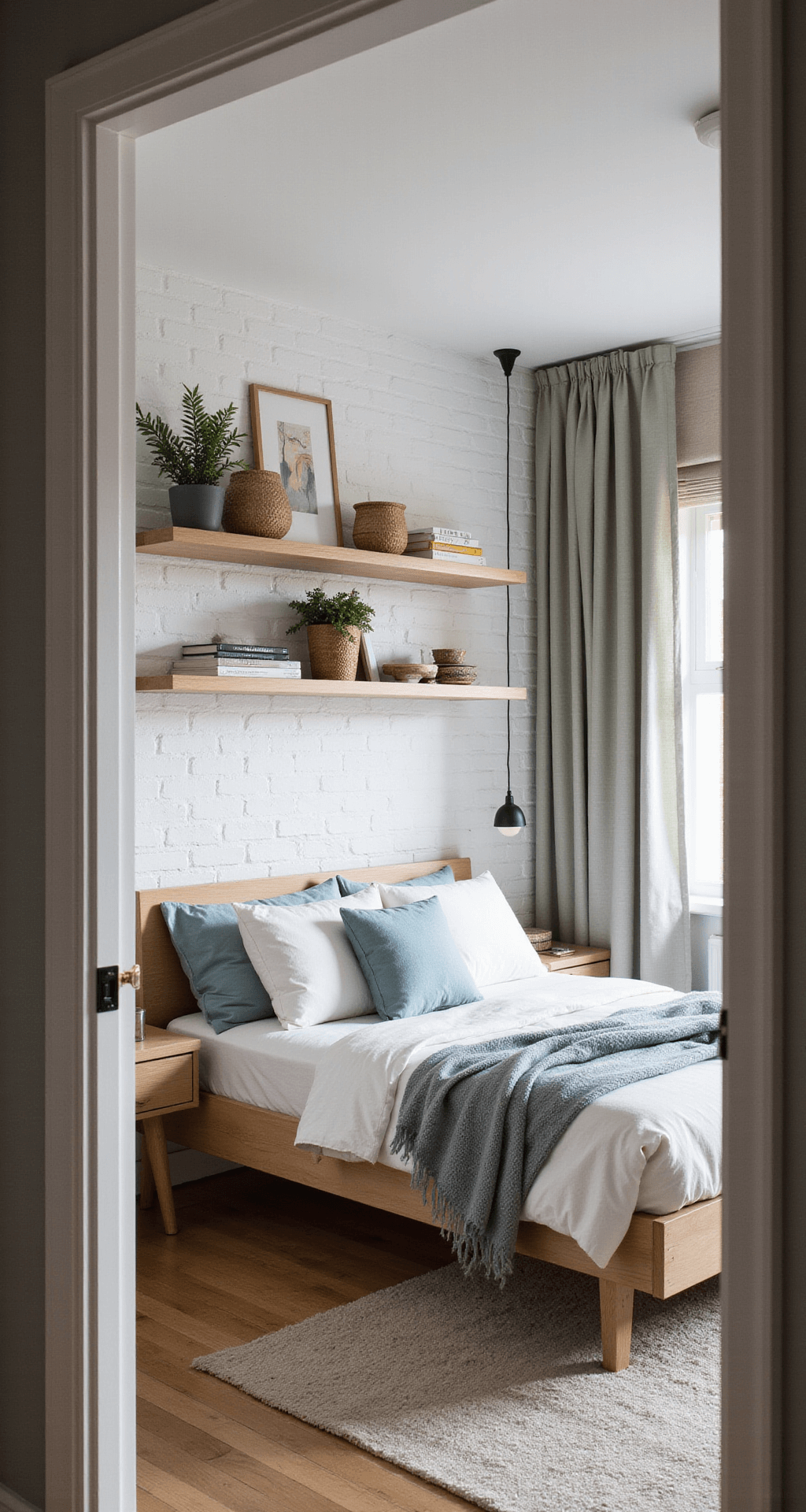 A cozy Scandinavian-inspired small bedroom featuring a platform bed with concealed storage in a corner layout, white-painted brick wall, floating oak shelves, and pendant lights at varying heights. The decor includes warm neutrals with pale blue accents, all captured in diffused afternoon light with a shallow depth of field from the doorway.