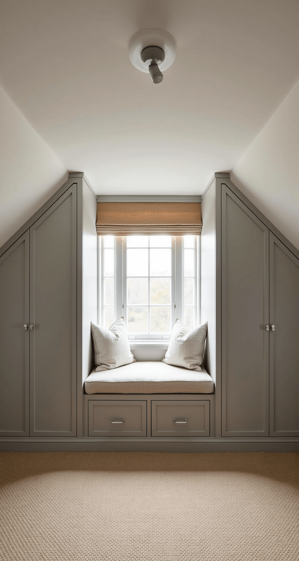 A cozy attic bedroom with a sloped ceiling, featuring a dormer window seat with hidden storage, soft grey built-in wardrobes, and a rattan headboard against blush pink walls, accented by natural materials like sisal carpet and linen drapes, all captured with a wide lens.