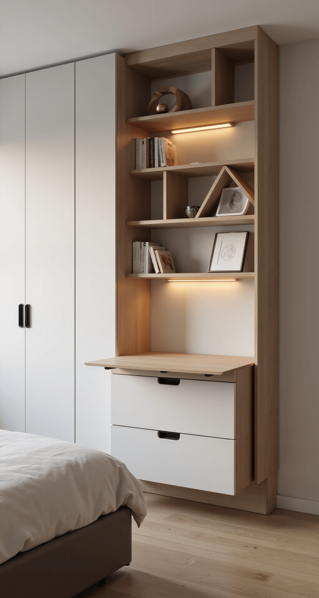 A modern minimal bedroom at sunset featuring a wall-mounted folding desk that doubles as a nightstand next to a low-profile platform bed, geometric storage like hexagonal wall shelves and triangular corner units, a warm monochromatic color scheme with black hardware accents, and smart lighting highlighting clean lines and various moods.