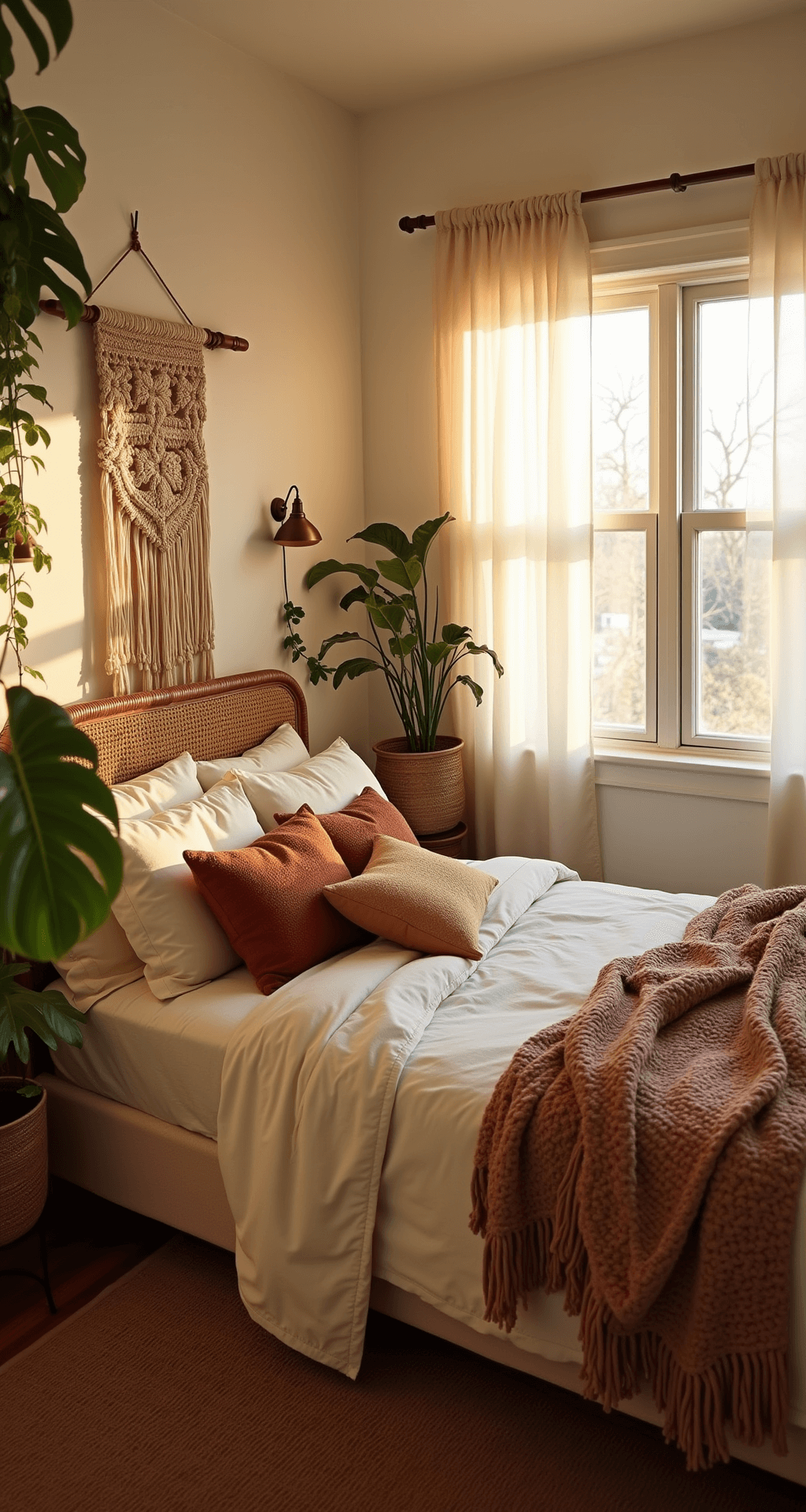 A cozy boho bedroom featuring a rattan canopy bed with sheer cream linens, layered vintage rugs in warm tones, and lush greenery, all illuminated by golden hour light streaming through west-facing windows.