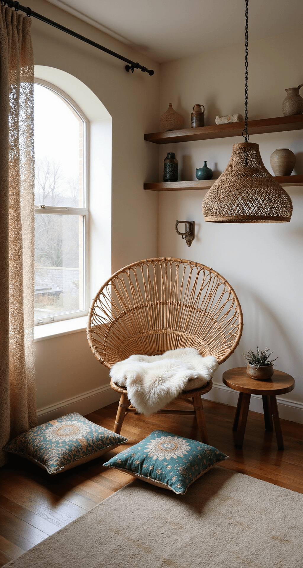 An intimate boho bedroom corner featuring a rattan peacock chair adorned with a sheepskin throw, positioned beneath an arched window. Layered floor cushions in muted jewel tones complement the space, while a handwoven jute pendant light casts intricate shadows. Floating wooden shelves display crystals and pottery. Soft morning light filters through a macramé curtain, highlighting the mix of brass, wood, and natural fibers in a warm color palette of sand, amber, sage green, and deep teal. The low camera angle emphasizes the ceiling height.