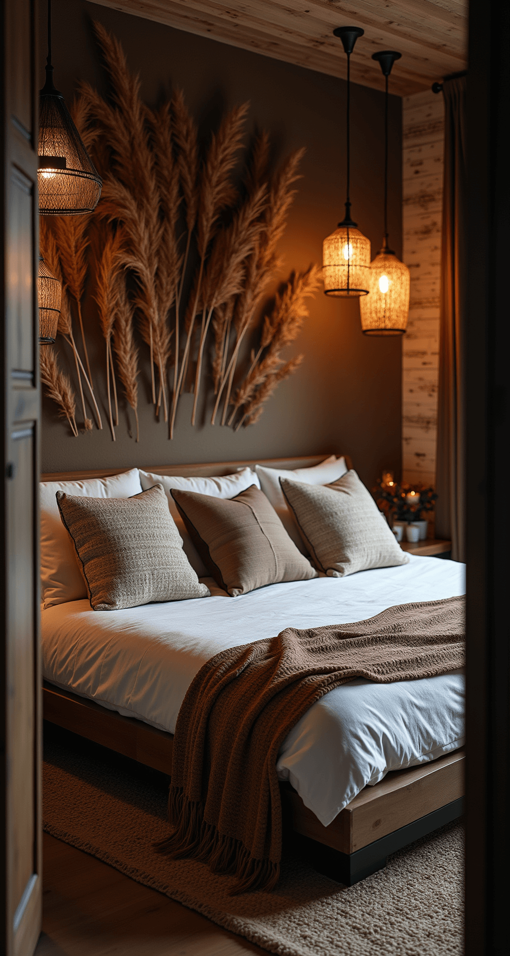 Moody evening view of a boho master bedroom featuring a reclaimed wood platform bed with white linens and Kilim pillows, accented by a dried pampas grass wall installation and rattan pendant lights. The scene is illuminated by ambient lighting from a copper lamp, string lights, and candles, showcasing rich earth tones and various textures.
