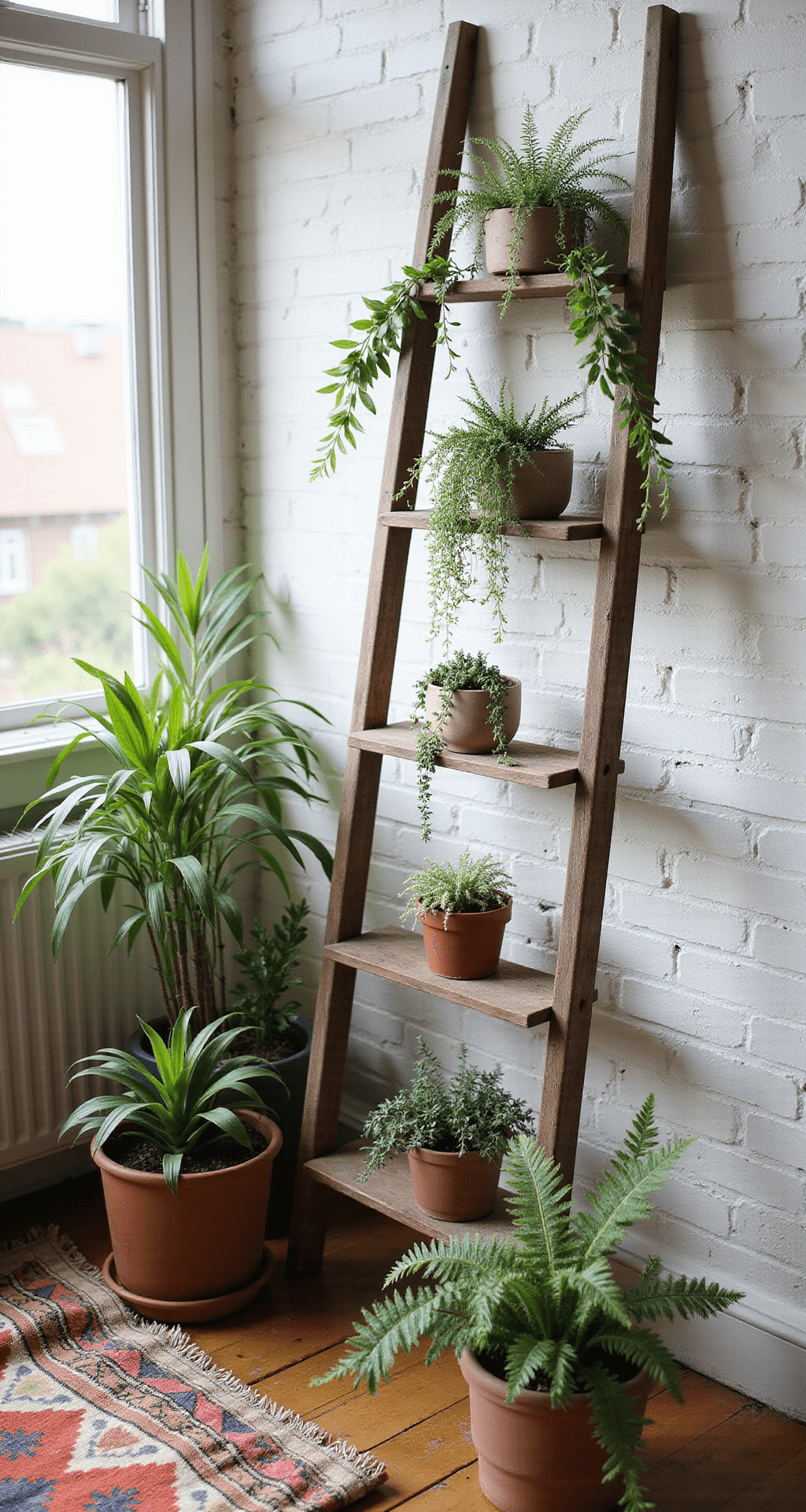 Bright afternoon light flooding a boho bedroom corner filled with plants, featuring a whitewashed brick wall and floor-to-ceiling windows. Cascading string of pearls, ferns, and air plants are displayed in handmade ceramic planters on a vintage ladder. A Turkish kilim upholstered meditation cushion rests on layered textiles, with a macro view capturing the intricate leaf textures and pottery glazes in a palette of crisp white, sage, emerald, and terra cotta.