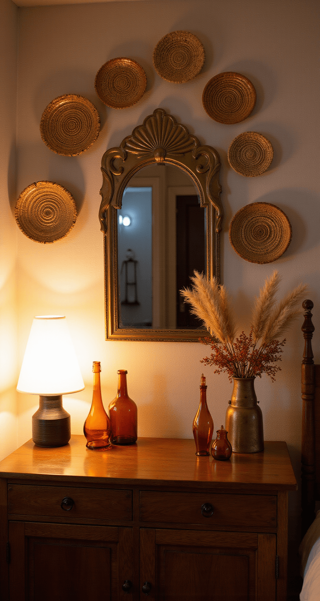 Cozy boho bedroom vanity vignette featuring a vintage wooden dresser and Art Deco brass mirror, surrounded by amber glass vessels and dried flowers, with woven wall baskets arranged in a spiral, illuminated by warm lighting at dusk, showcasing a color palette of honey, bronze, blush, and deep brown.