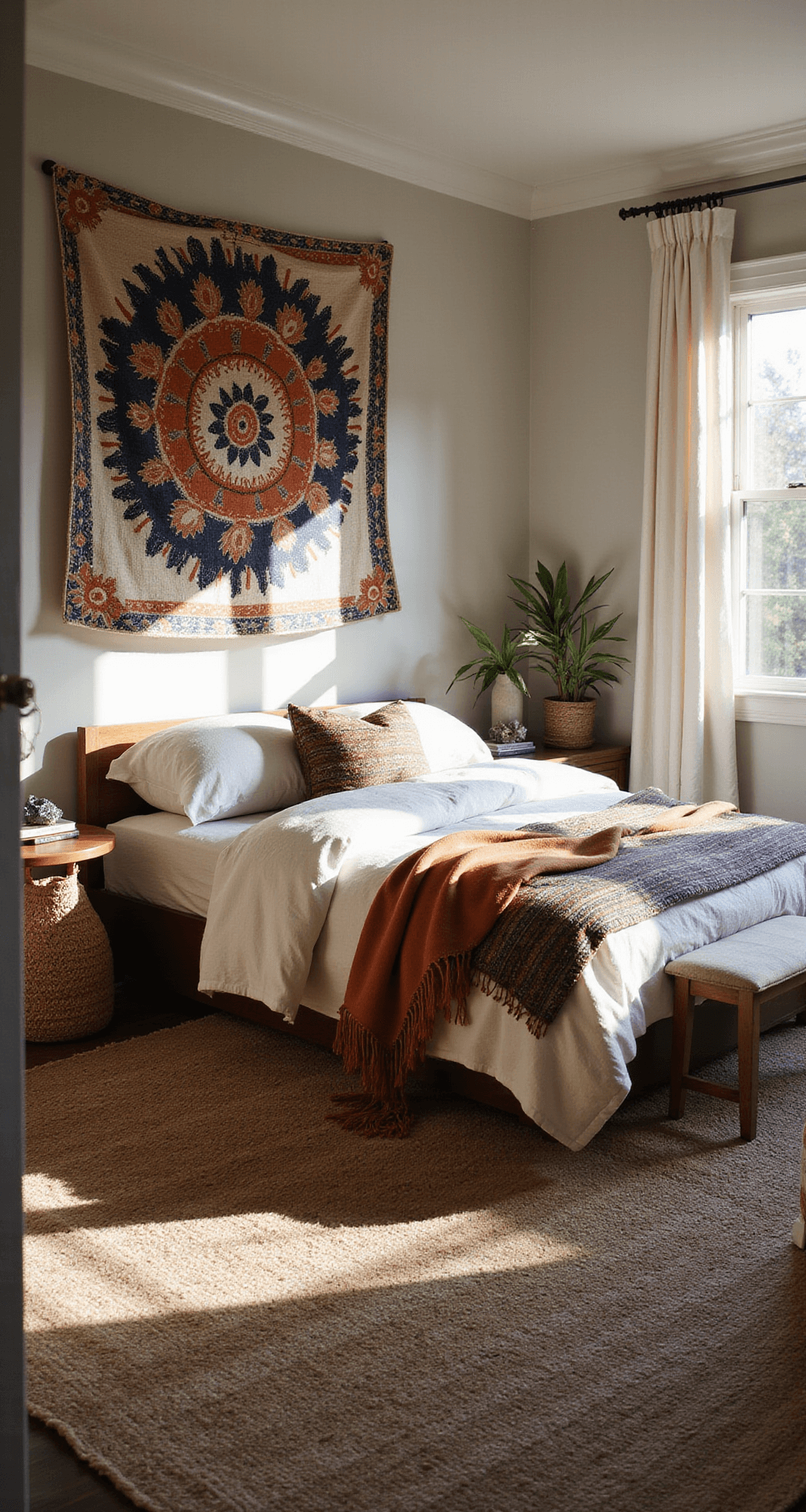 A boho sleep space featuring a low-profile platform bed with rumpled linen bedding and vintage suzani throws, illuminated by dawn light. The room showcases oversized abstract textile art in indigo and rust tones, alongside bedside vignettes of stacked books, crystal clusters, and coiled rope baskets. Shot through a doorway, morning light casts long shadows on a sisal carpet, highlighting a palette of ivory, indigo, rust, and weathered wood with a mix of textile patterns.
