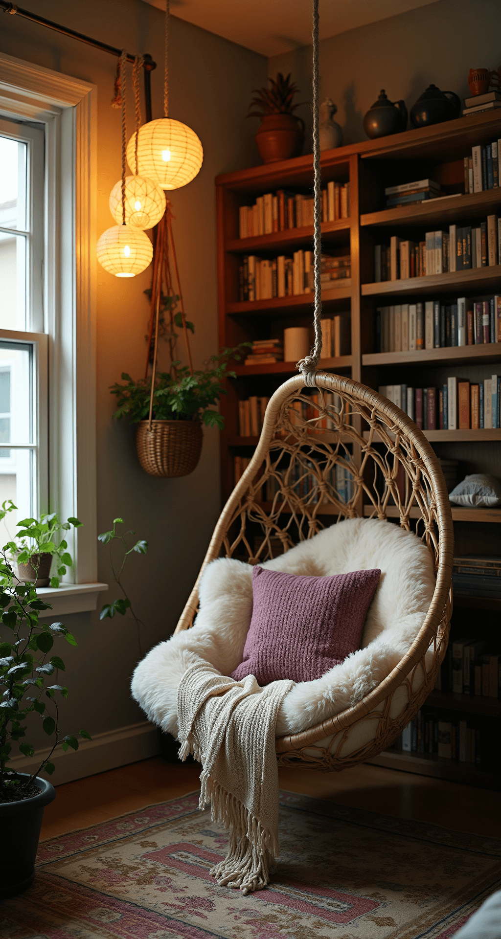 Cozy boho reading corner featuring a suspended rattan egg chair with plush cushions, surrounded by floor-to-ceiling bookshelves filled with global artifacts, dimmed paper lanterns for ambient lighting, and trailing ivy in macramé hangers, all set against a softly blurred textile wall hanging in warm, inviting colors.