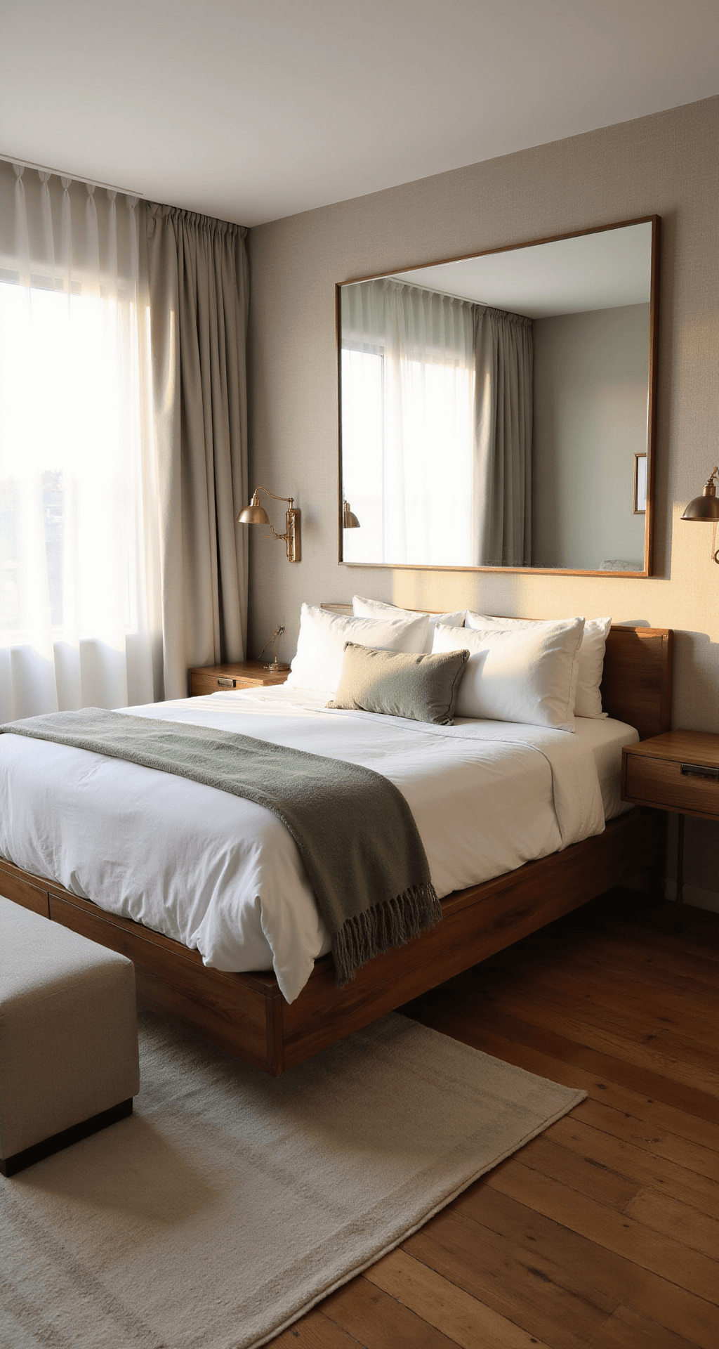 A cozy 10x12 foot bedroom at golden hour, featuring a queen-size platform bed with warm walnut finish, layered white and sage green linens, matching floating nightstands with brass sconces, a large frameless mirror reflecting light, and neutral greige grasscloth walls, all illuminated by natural light streaming through sheer white curtains.