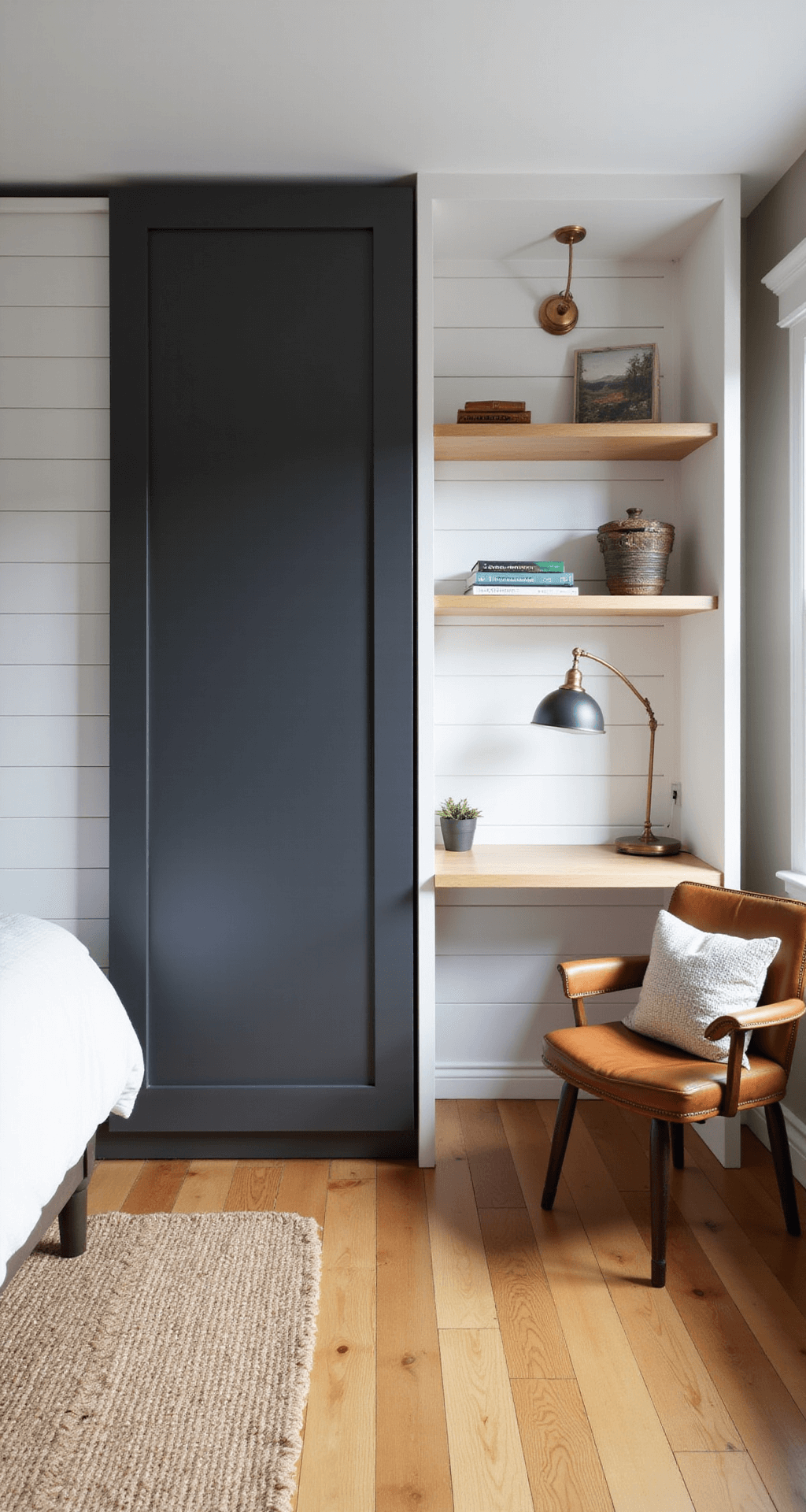 Compact bedroom featuring a matte charcoal Murphy bed folded against a white shiplap wall, with integrated desk space visible. A modern brushed brass task lamp illuminates floating light oak shelves displaying minimalist decor. A jute rug rests over blonde hardwood floors, while a vintage leather chair is tucked into the corner. The color palette includes whites, warm woods, and leather browns, captured in a wide-angle shot to showcase the full wall system.