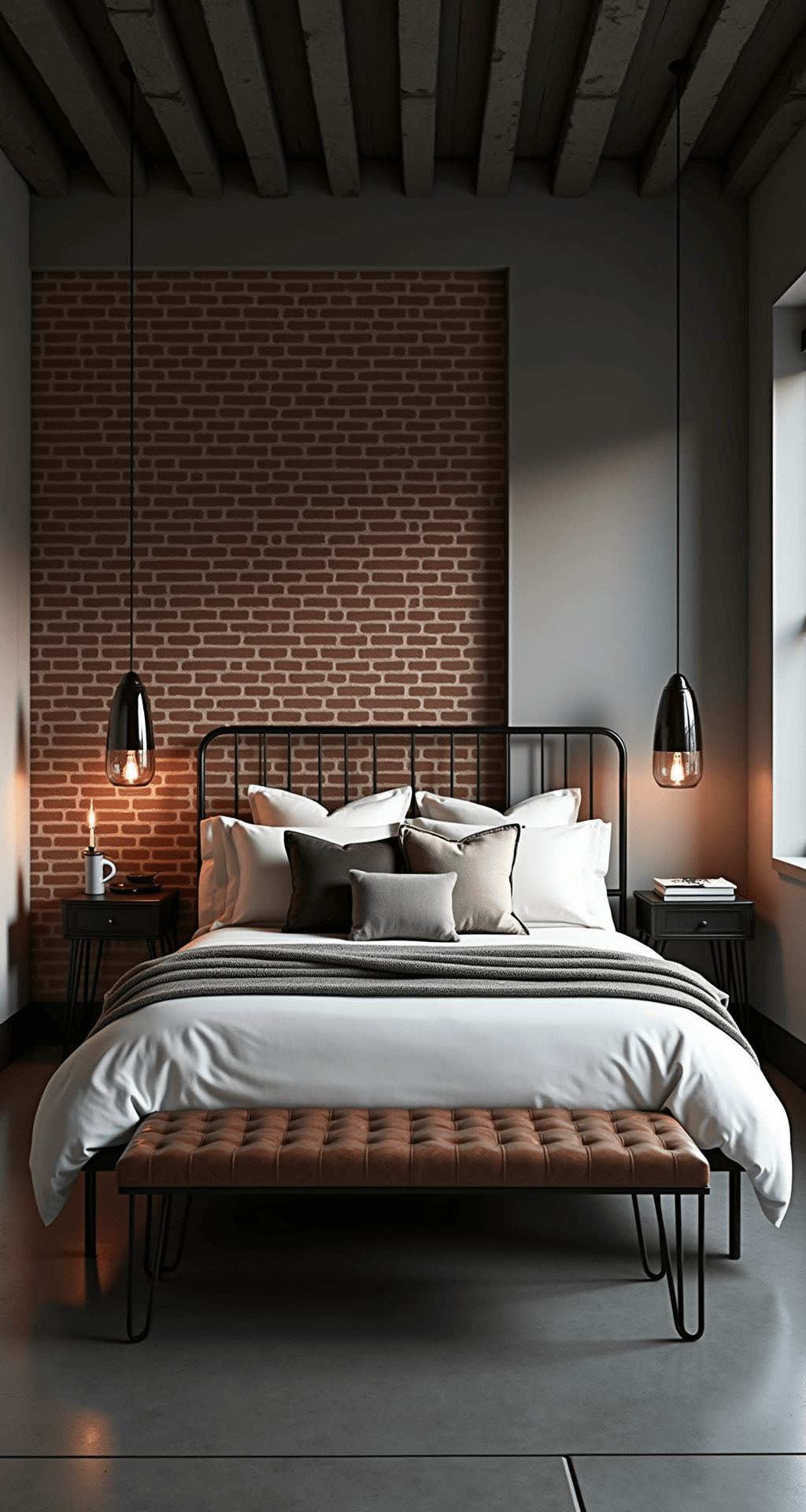 A stylish industrial bedroom featuring a low black metal bed frame with white luxury bedding against an exposed brick wall, moody dusk lighting, and smoky glass pendant lights, complemented by a distressed leather bench and rich textures of velvet pillows and a woven wool throw.