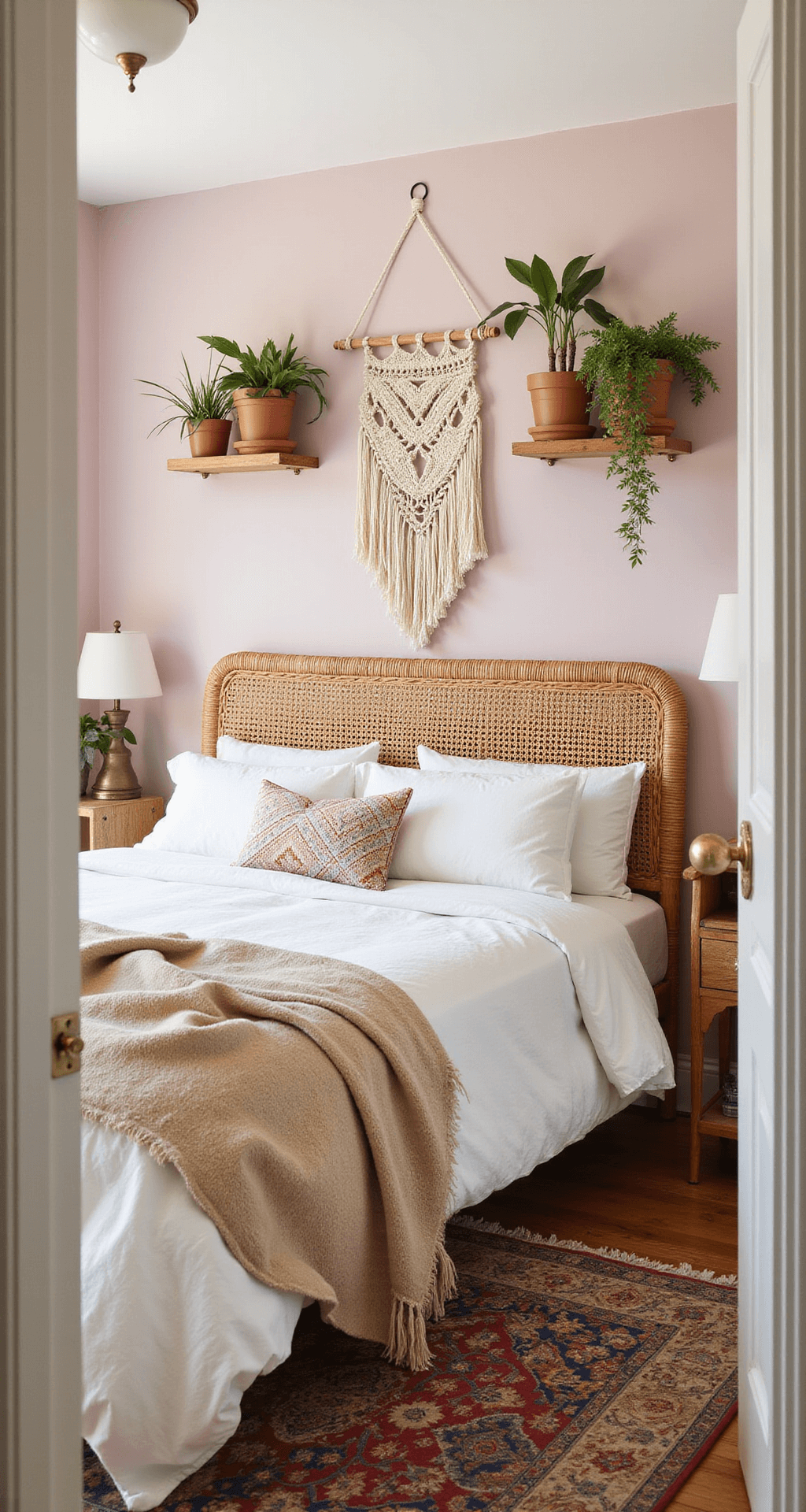 A bohemian bedroom with a rattan headboard against a blush pink wall features ivory linens and a vintage Moroccan wedding blanket. A macramé wall hanging is centered above the bed, while potted plants cascade from floating copper shelves. A Turkish rug in faded jewel tones covers the floor, and natural materials like jute, cotton, brass, and ceramic are present, all illuminated by soft, diffused lighting.