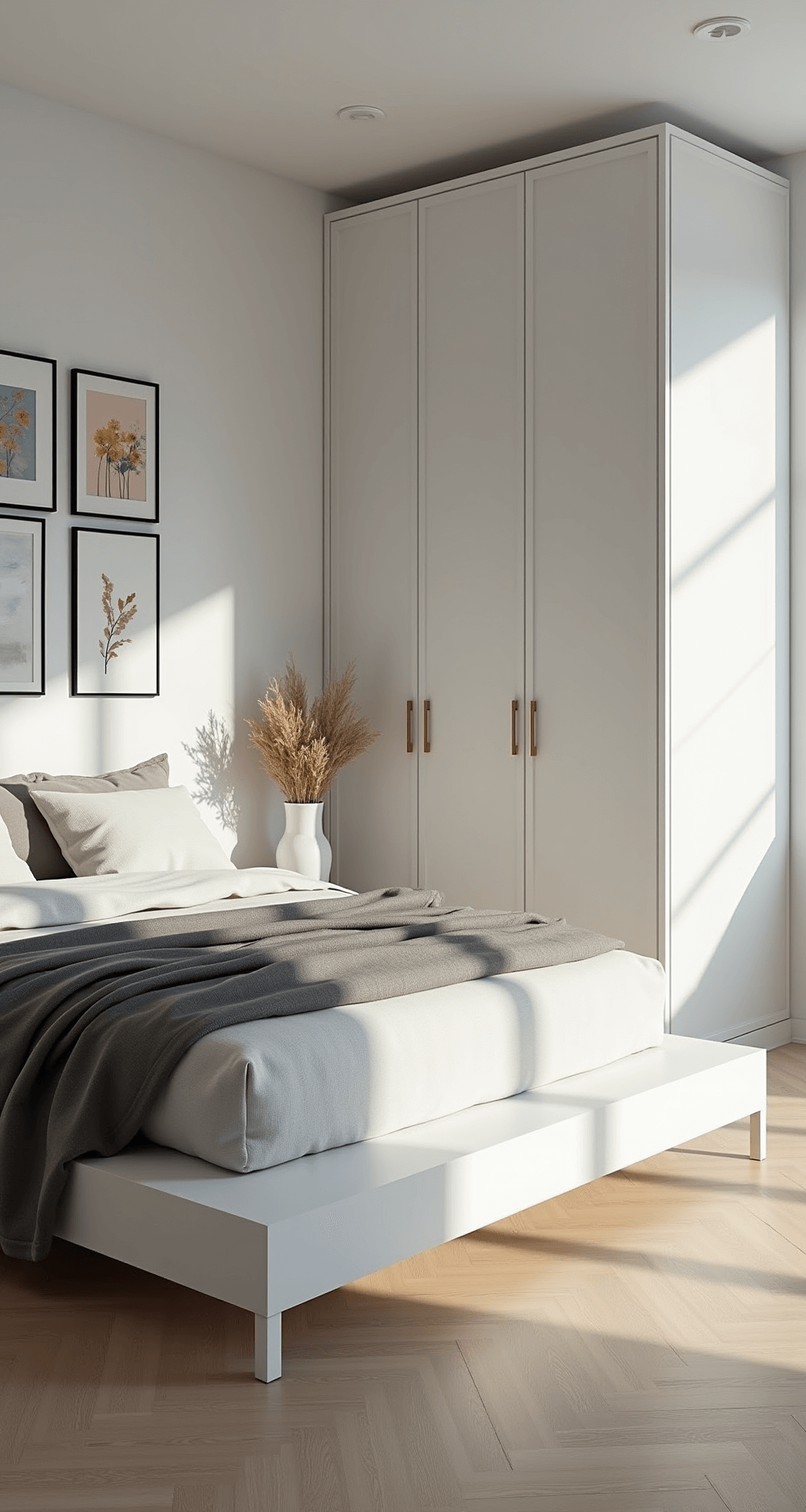 A bird's eye view of a Scandinavian minimalist bedroom featuring a low-profile white platform bed with fog grey linen bedding on pale oak floors, a grid gallery wall in black frames, custom matte white wardrobes with brass hardware, and an oversized abstract art piece in soft pastels, all illuminated by early morning light.