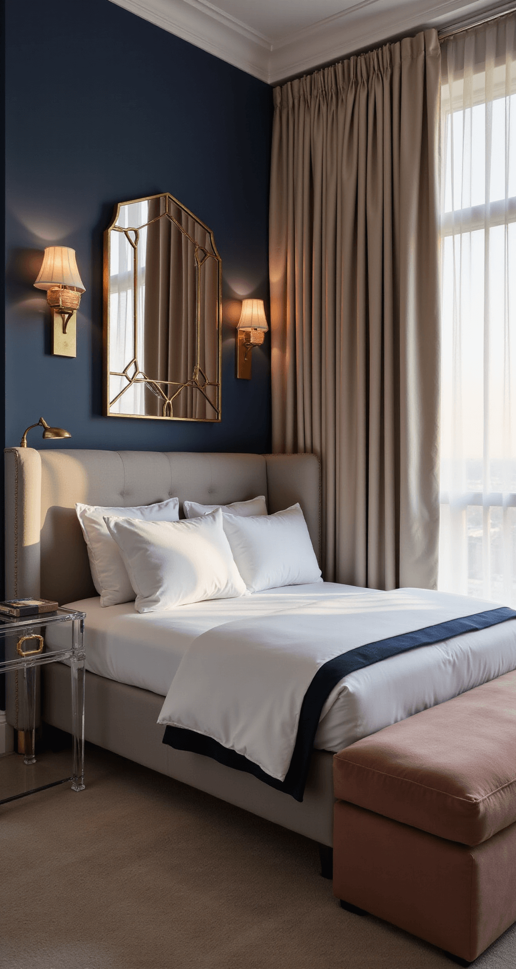A cozy small bedroom at sunset, featuring a navy accent wall, upholstered grey headboard, geometric brass mirror, adjustable wall sconces, lucite nightstands with gold accents, white bedding with navy border, a dusty rose velvet bench, and champagne silk curtains filtering warm light, creating a luxurious evening ambiance.