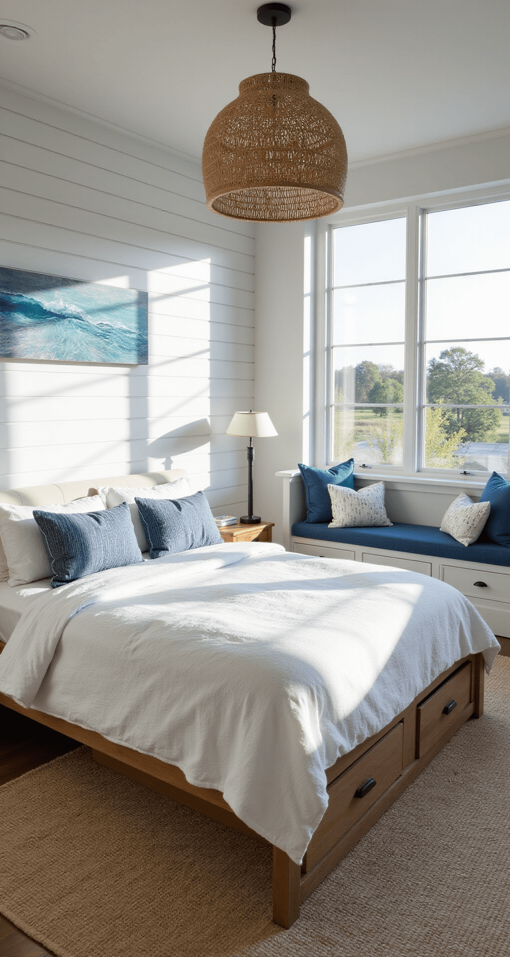 A modern coastal bedroom featuring floor-to-ceiling windows with morning light, a shiplap wall, a queen bed with white linens and blue accents, a rattan pendant light, a built-in window seat, weathered oak furniture, a seagrass rug, and abstract ocean art, creating a fresh and airy atmosphere.