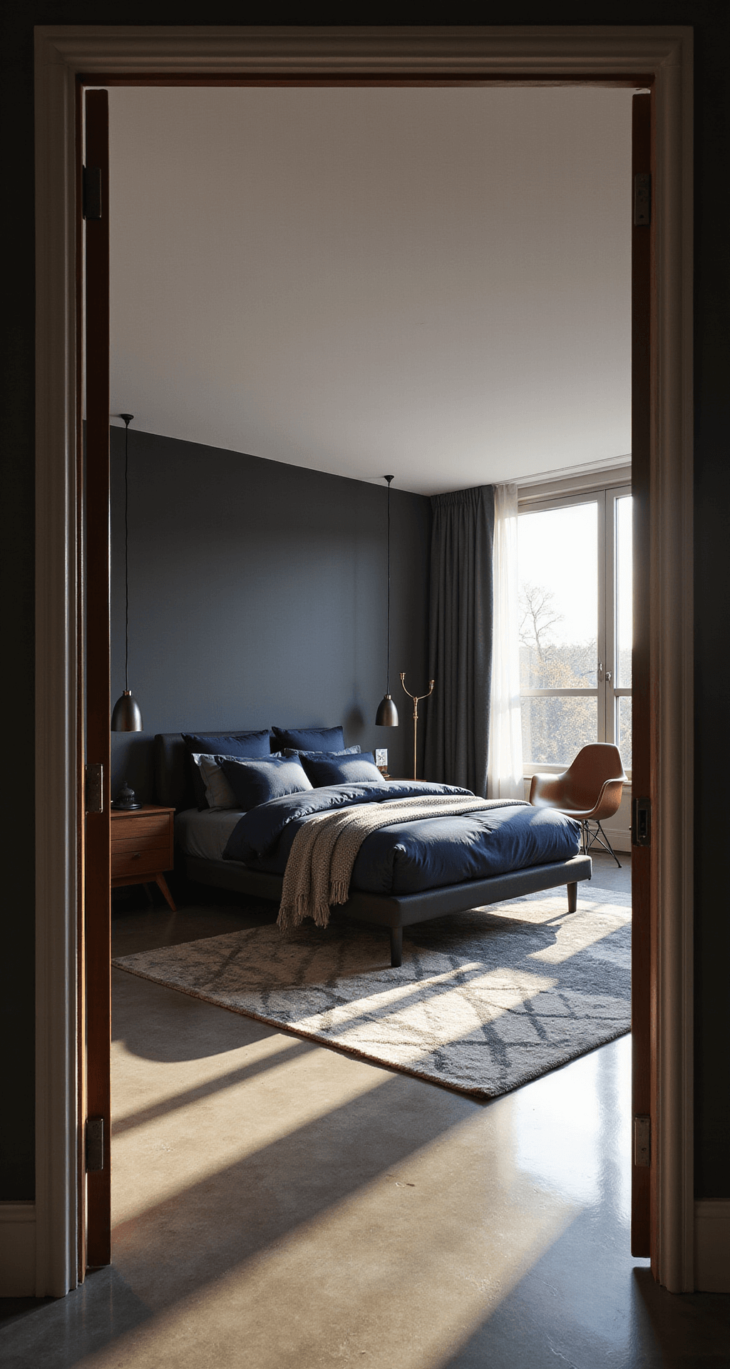 A modern bachelor bedroom featuring a low-profile black platform bed against a charcoal accent wall, minimalist walnut nightstands, and industrial pendant lights, illuminated by golden hour light through floor-to-ceiling windows. The space has polished concrete floors, a geometric area rug, and a reading nook with an Eames chair and brass floor lamp, creating a moody and sophisticated atmosphere.