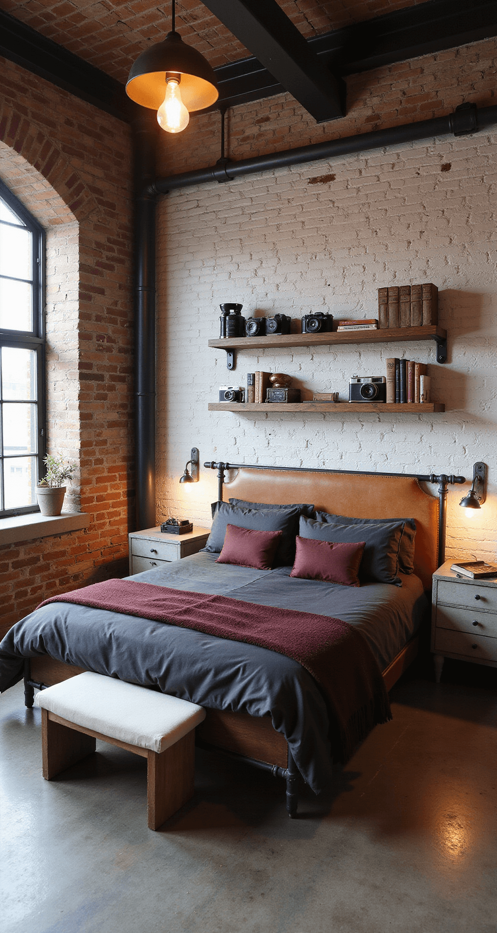 Double-height industrial loft bedroom featuring exposed brick walls, a steel beam ceiling, and factory-style windows. Includes a queen-size bed with a distressed leather headboard, metal pipe shelving with vintage items, a warm Edison bulb chandelier, concrete nightstands with copper accents, and cozy charcoal linens with burgundy throws, all showcased in a raw, authentic ambiance.