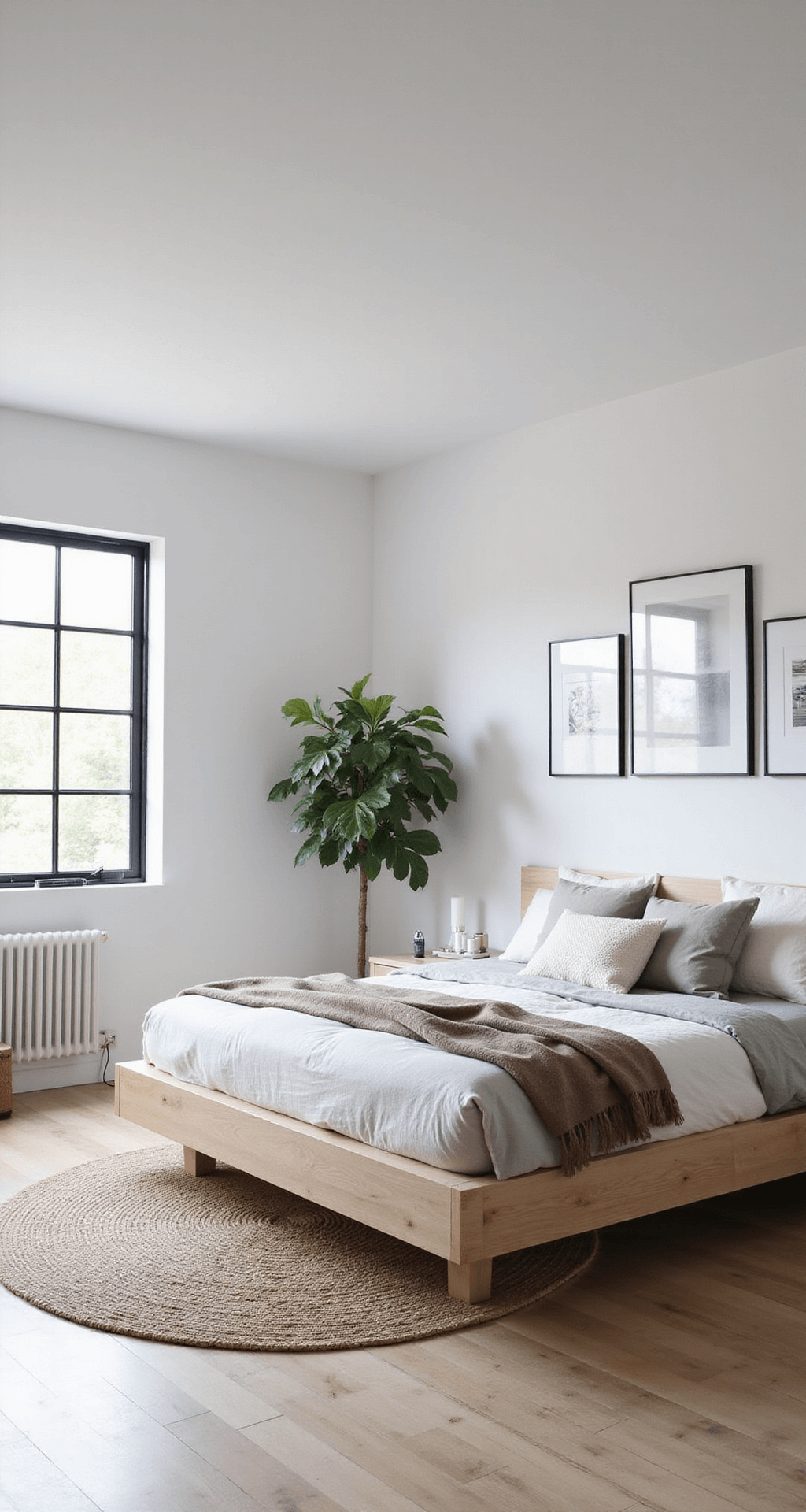 A serene 12x14ft Scandinavian-inspired bedroom featuring a pale oak platform bed with integrated nightstands, light gray and cream bedding, black metal window frames, a gallery wall of minimal black-framed artwork, a round jute rug, and a fiddle leaf fig in the corner, all bathed in diffused natural light.