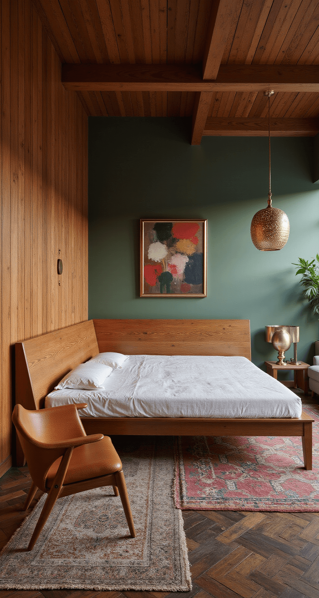 A masculine mid-century bedroom featuring architectural wood paneling, an integrated walnut bed frame, a vintage Knoll chair in cognac leather, and brass accents. The hunter green accent wall showcases abstract art, while a geometric brushed gold pendant illuminates the space. Herringbone wood floors are adorned with layered vintage rugs, and dramatic afternoon light creates striking shadows, highlighting the room's symmetry and warm, sophisticated atmosphere.