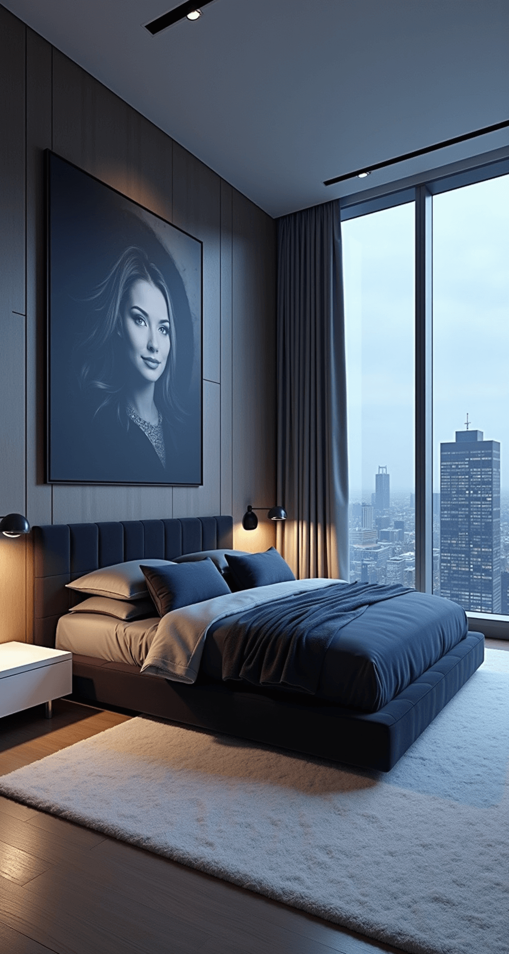 High-rise bedroom featuring wall-to-wall windows with city views, a charcoal velvet king platform bed, white oak nightstands with hidden lighting, chrome and glass accents, monochromatic gray bedding with blue touches, large black and white photographs, and plush white carpet, all creating a sleek, cosmopolitan atmosphere during twilight blue hour.