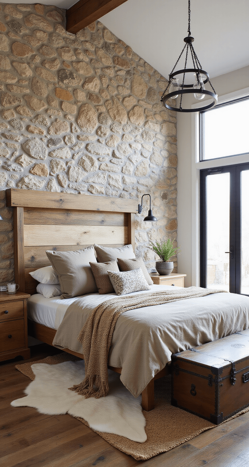 A spacious rustic modern bedroom featuring a vaulted ceiling, reclaimed wood bed frame against a stone wall, iron and glass pendant lights, earth-tone bedding, live-edge wood nightstands, and a cowhide rug layered over sisal, with black steel-framed windows and a vintage trunk as a bench, captured from a corner to highlight its height and texture.