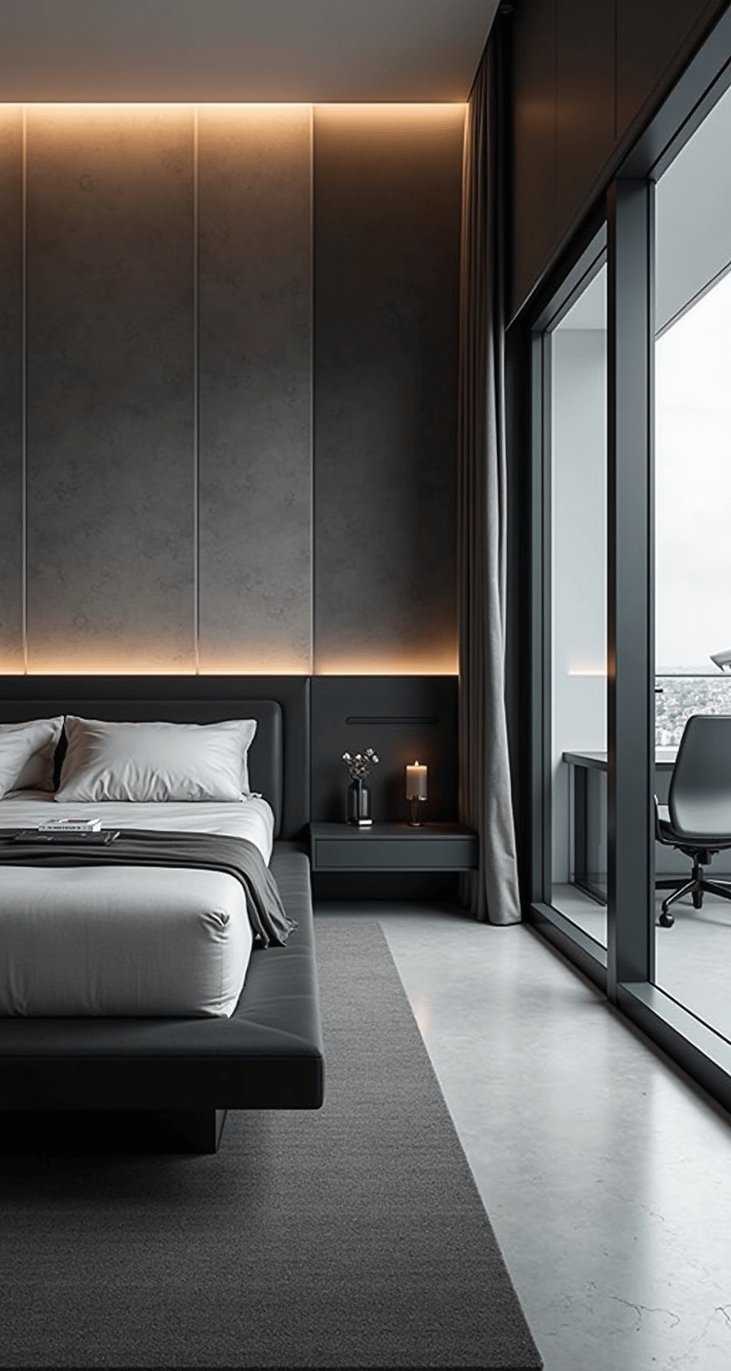 A modern bedroom featuring a floating matte black platform bed, integrated tech solutions, LED strip lighting, automated blackout blinds, and a glass desk with an ergonomic chair, all in a sleek gray and white palette against smooth concrete walls.
