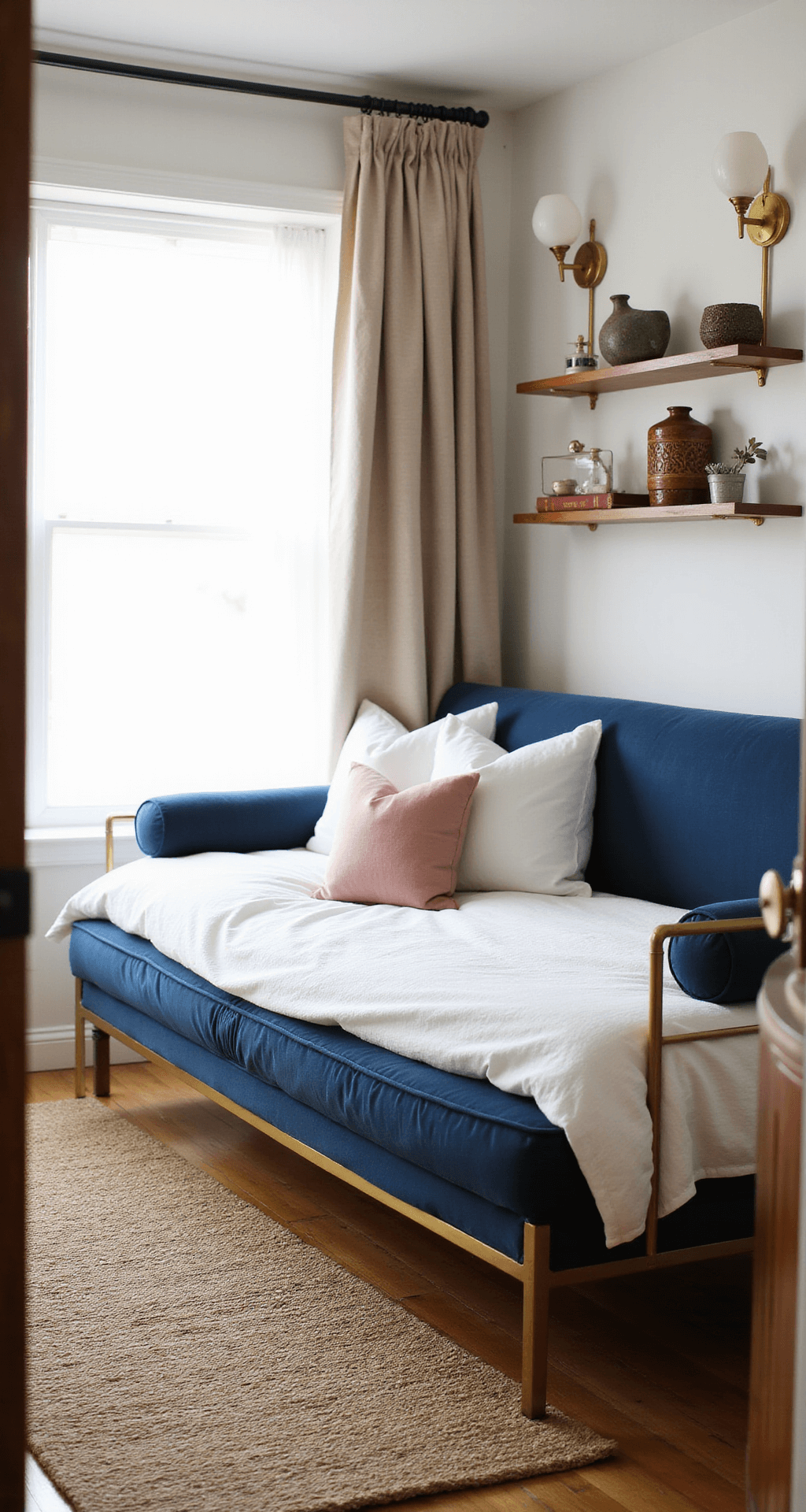 Bright guest bedroom featuring a multifunctional navy blue velvet daybed with brass frame, dressed in white linens and dusty rose pillows, with natural light streaming through sheer curtains, vintage brass wall sconces, and curated decor on floating walnut shelves, all set on a jute rug over light oak flooring.
