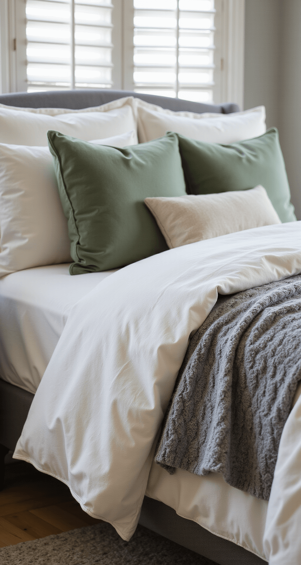 Close-up view of a luxurious queen bed featuring ivory Egyptian cotton sheets, a chunky gray knit throw, and a cloud-white duvet, with sage green velvet and natural linen pillows arranged symmetrically, illuminated by soft afternoon light filtering through white plantation shutters.
