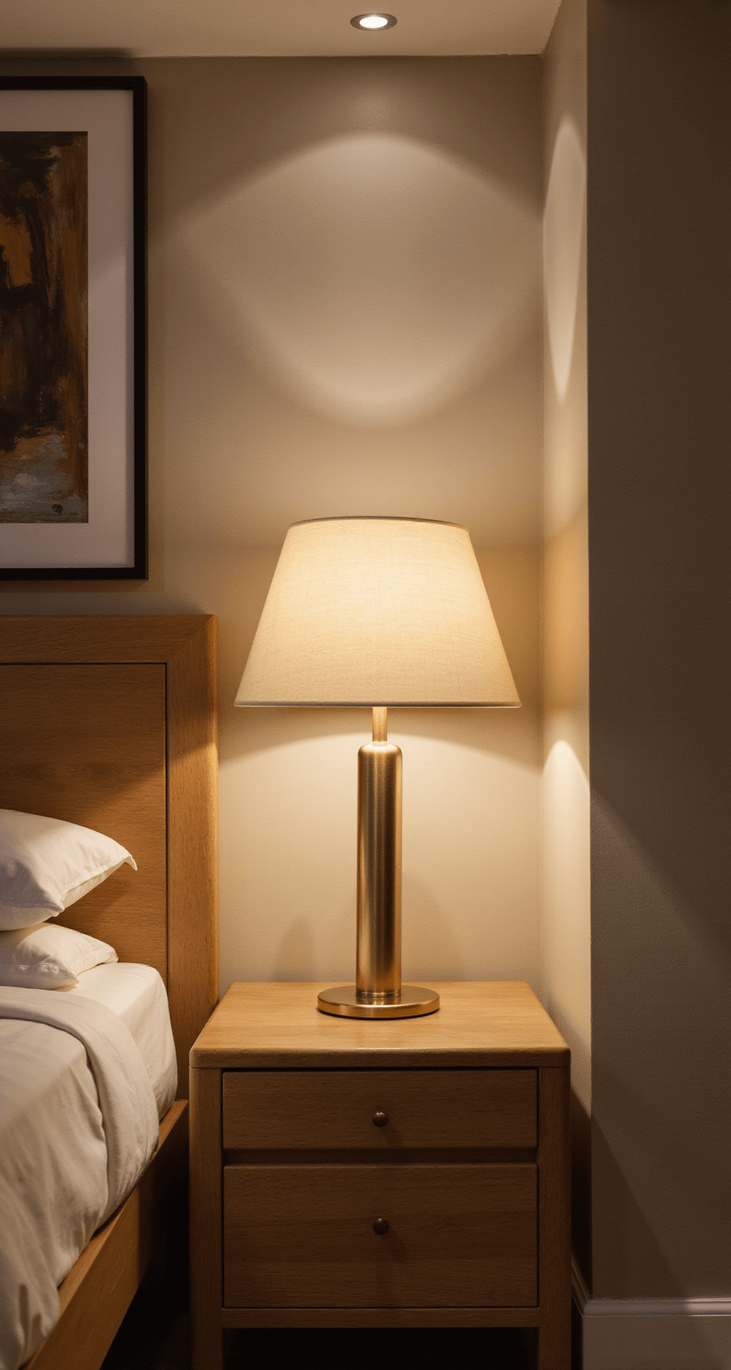 A modern brass table lamp with a linen shade illuminates a bleached oak nightstand in a dusk interior scene, featuring warm recessed lighting, dimmable LED picture lights shining on abstract artwork, and soft champagne-colored wallpaper. The image is shot straight-on with a shallow depth of field focusing on the lamp.