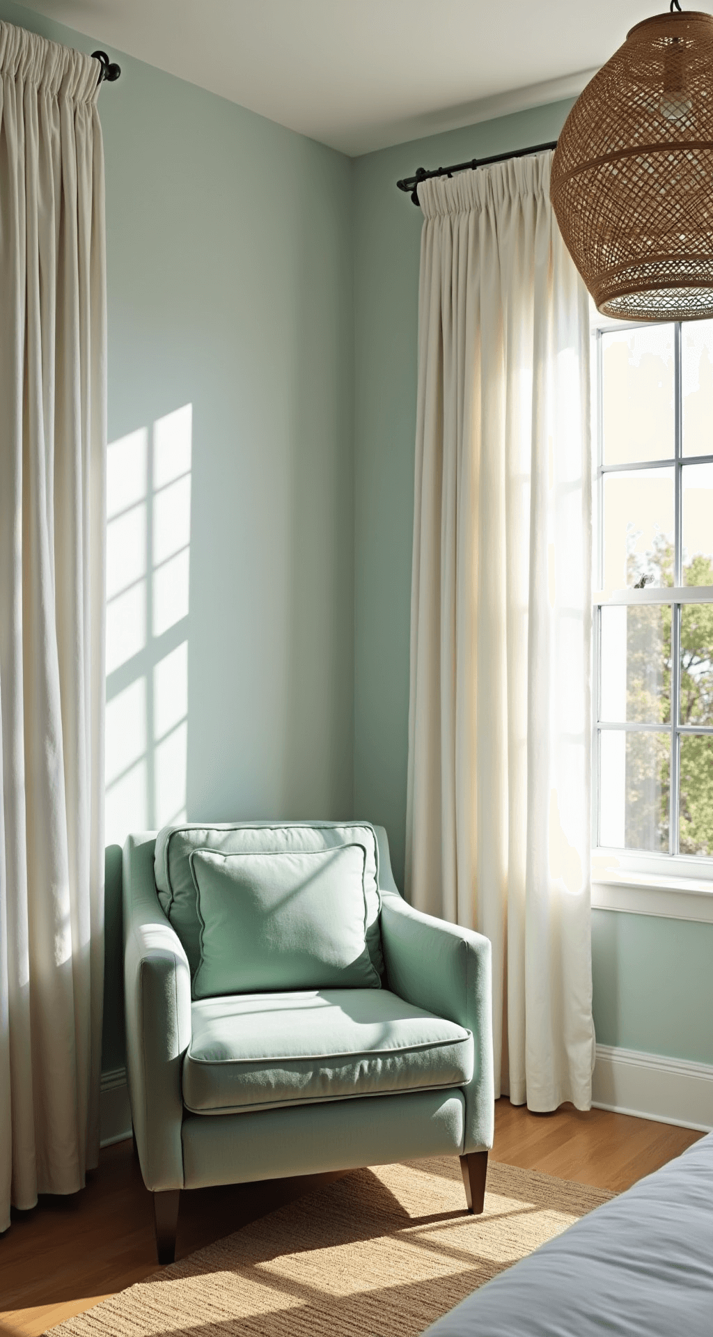 A serene coastal-inspired guest room with Benjamin Moore 'White Dove' walls, a seafoam green accent chair, and a natural jute rug. Morning light highlights white linen drapes and a rattan pendant casting intricate shadows, captured from a corner angle to emphasize color harmony.