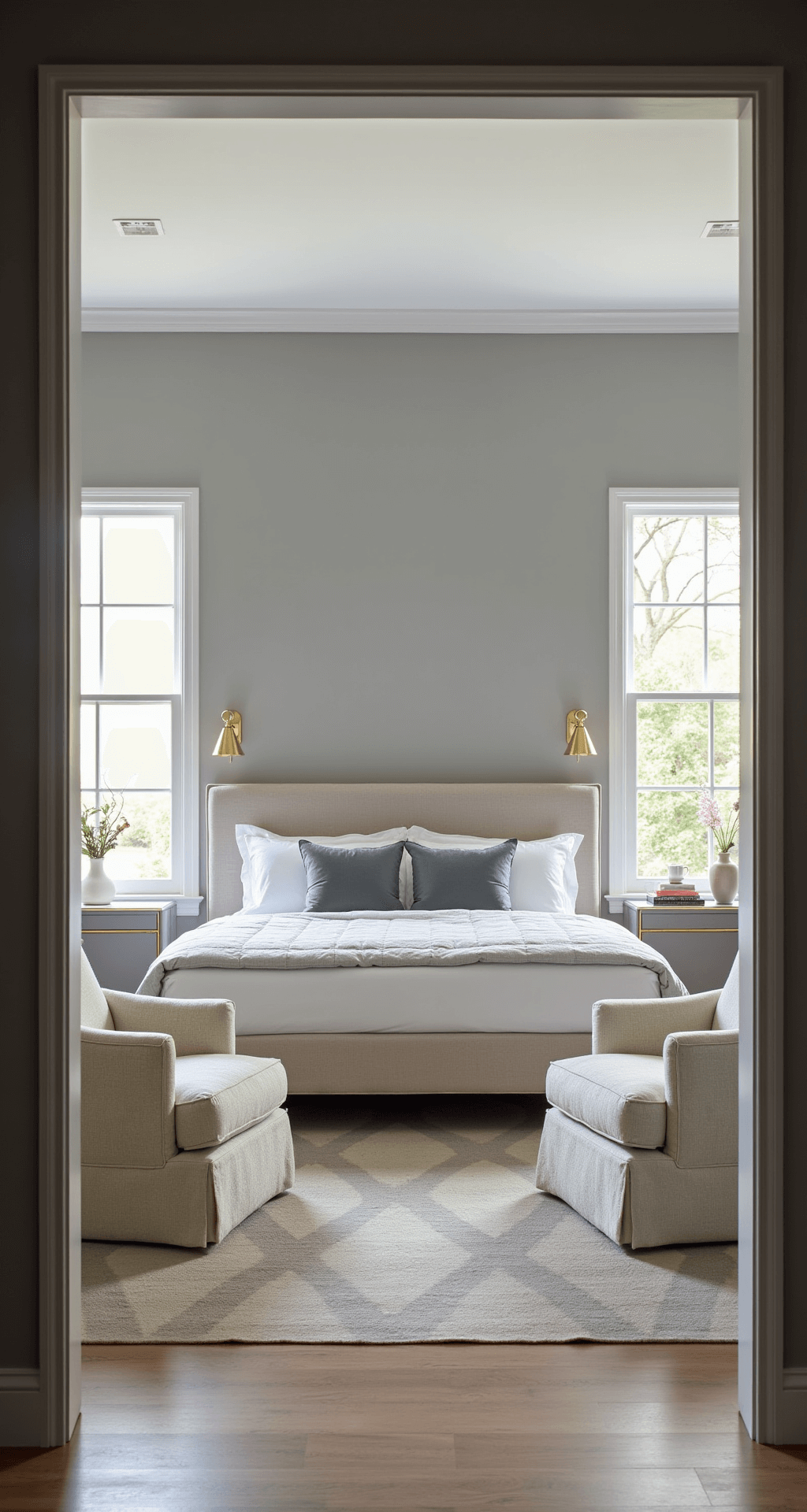 A modern minimalist master bedroom with floor-to-ceiling windows, featuring a king-size platform bed with layered gray and white bedding, brass sconces, ivory boucle chairs, and a geometric wool rug, all illuminated by morning light.