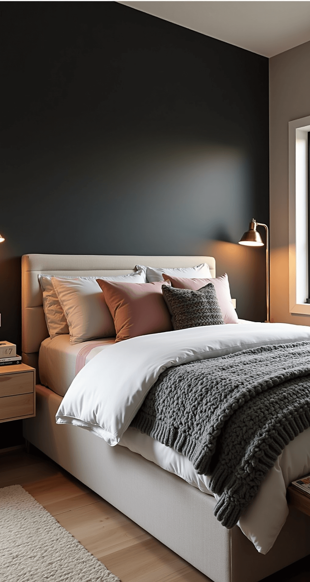 Cozy bedroom with a dramatic charcoal accent wall behind an upholstered queen bed, featuring pearl gray silk-blend sheets, a slate chunky knit throw, and mixed pattern pillows with blush pink accents. A vintage brass floor lamp casts a warm glow, alongside floating bleached oak nightstands and warm greige Venetian plaster walls, all captured from a low angle at golden hour.