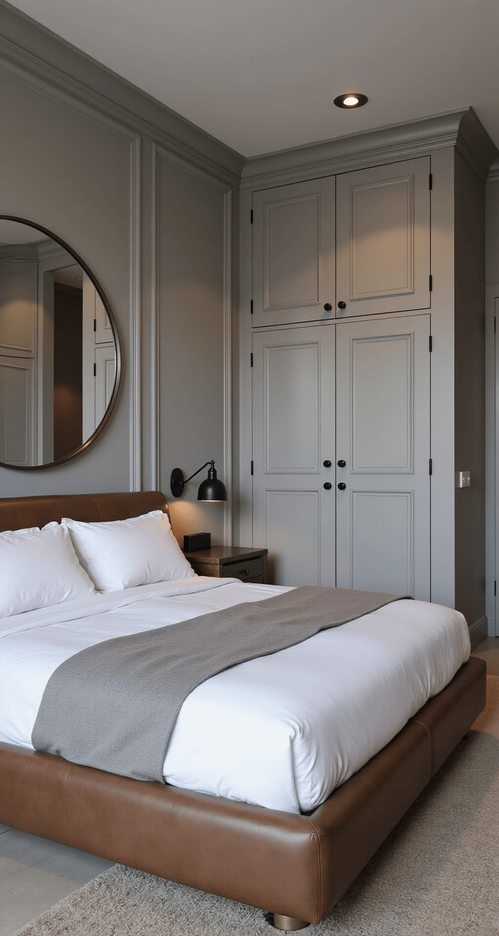 Compact urban bedroom at dusk featuring soft dove gray walls, a full-size leather platform bed with hotel-style white linens, an oversized round mirror, industrial black sconces, and built-in wardrobes, styled in an Industrial Chic and Scandinavian simplicity blend.
