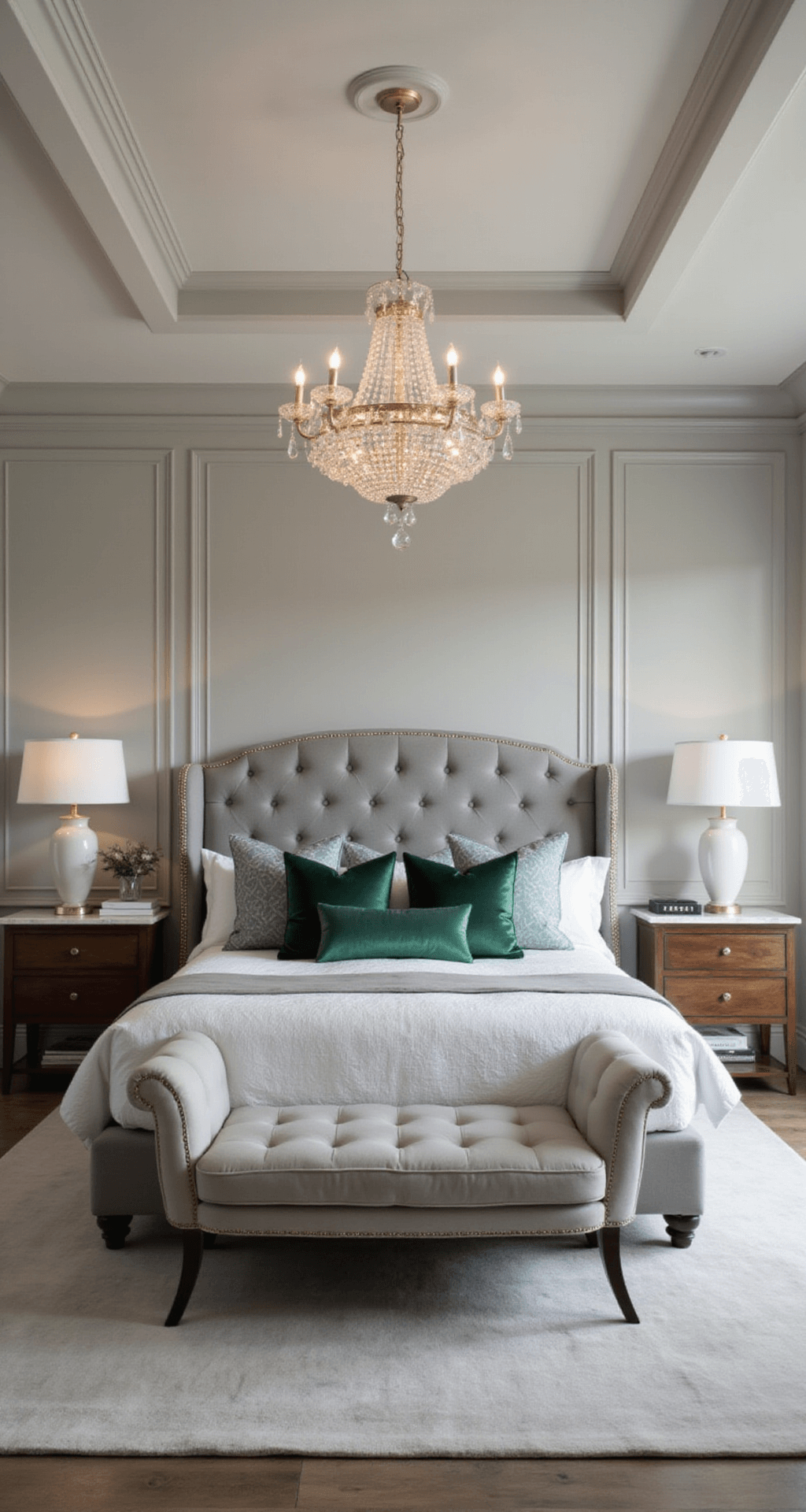 Spacious primary suite featuring a tray ceiling in pale gray and warm putty walls, with a California king bed adorned with a tufted gray velvet headboard and luxury bedding in gray tones, accented by emerald green pillows. A crystal chandelier hangs centrally, while a gray linen chaise and marble side table create a sitting area, all captured in afternoon light to emphasize the room's symmetry and Traditional Luxe style with modern elements.