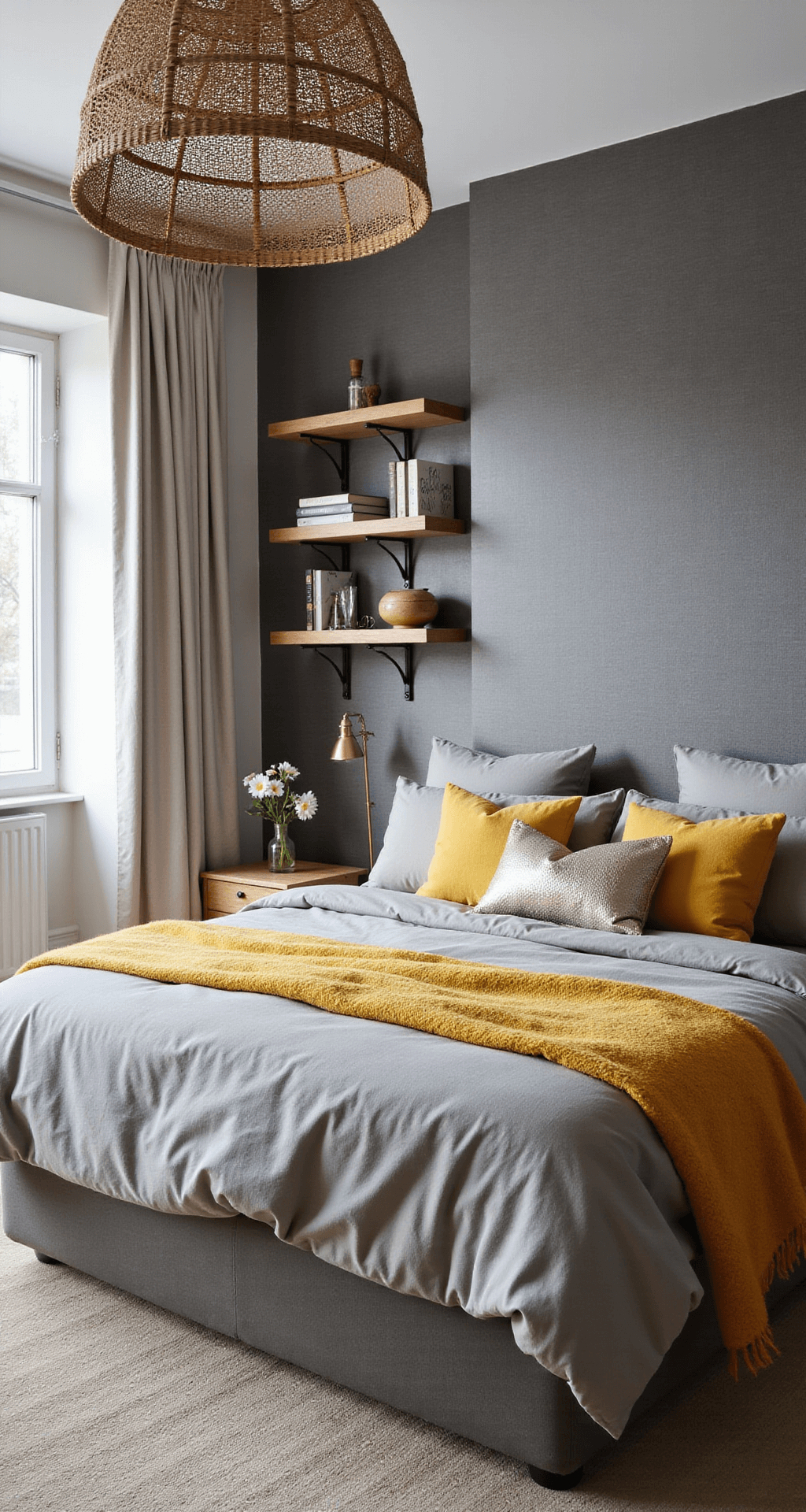 A light-filled 13x15ft bedroom featuring gray grasscloth wallpaper, a queen bed with cloud-soft gray bedding and mustard yellow throws, mixed metallic pillows, floating shelves with curated objects, and a rattan pendant casting shadows, all styled in an Organic Modern aesthetic with eclectic touches.