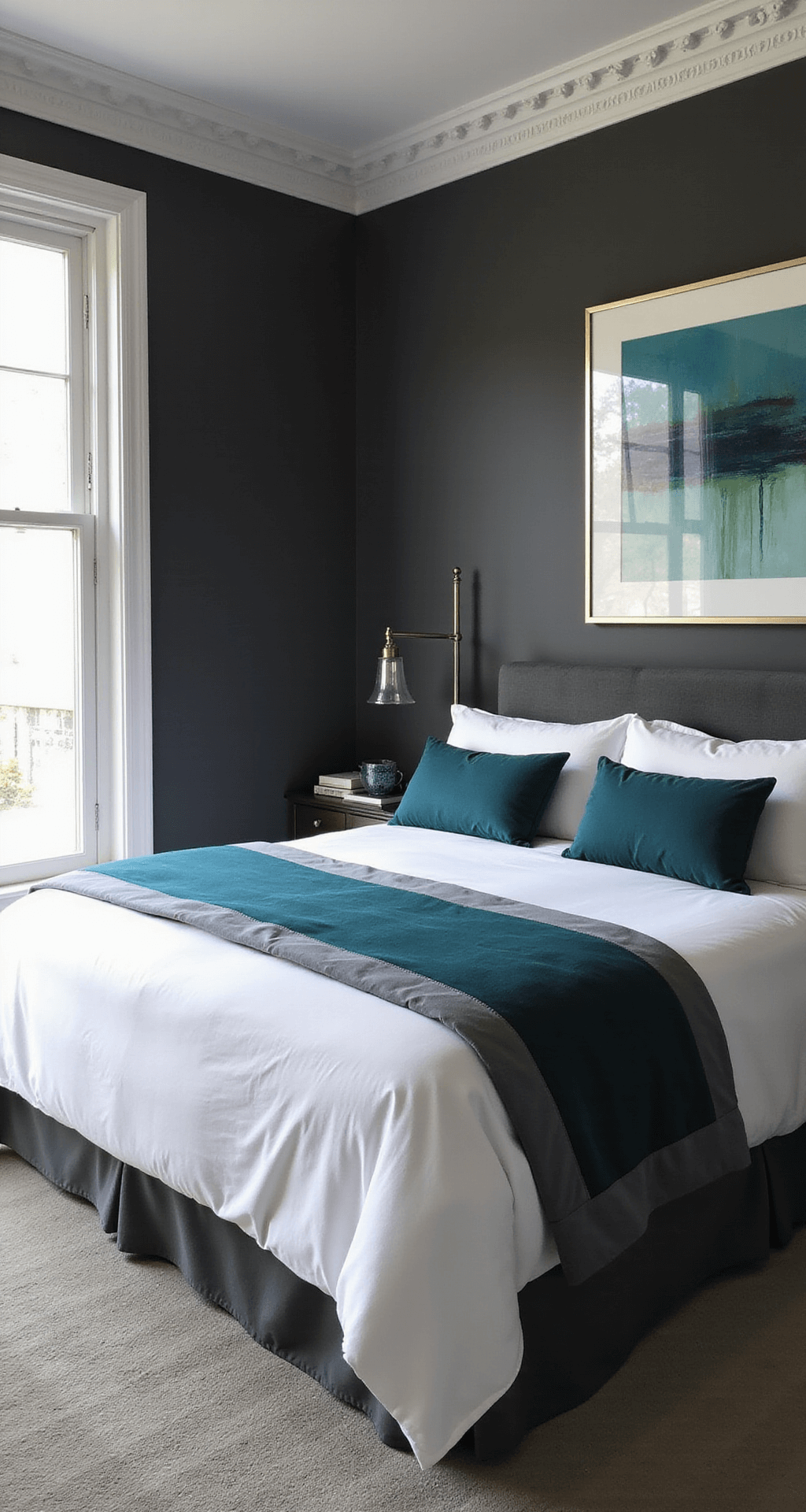 Sophisticated 15x17ft twilight bedroom featuring deep graphite gray walls with white trim, a king bed in hotel white with a gray border and teal blue accents, chrome and glass lighting fixtures, and abstract art in coordinating tones, captured from a corner angle to highlight the moody atmosphere while blending Hollywood Regency and Contemporary styles.