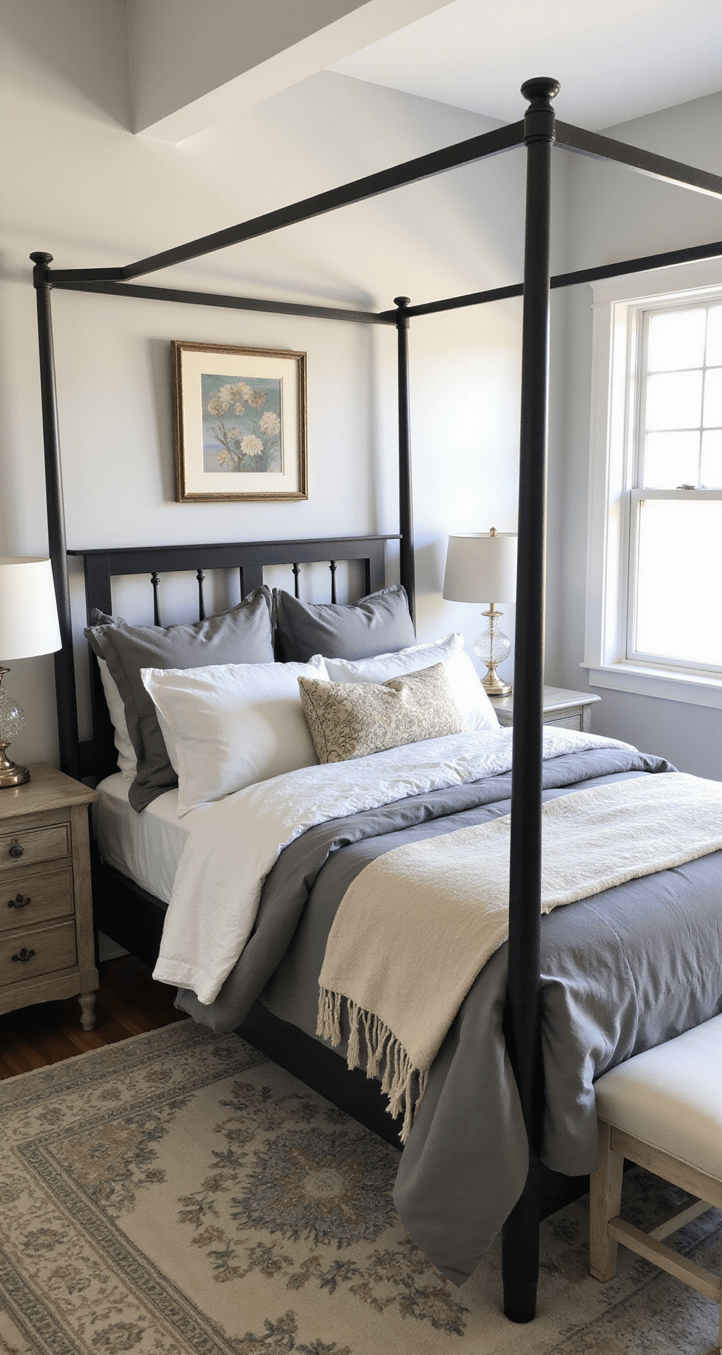Airy 12x14ft bedroom in morning light featuring French gray walls with white paneling, a black metal canopy queen bed with stone gray sheets and a fog gray duvet, vintage Persian rug, crystal table lamps on weathered oak nightstands, captured from the doorway in a Modern Farmhouse style.