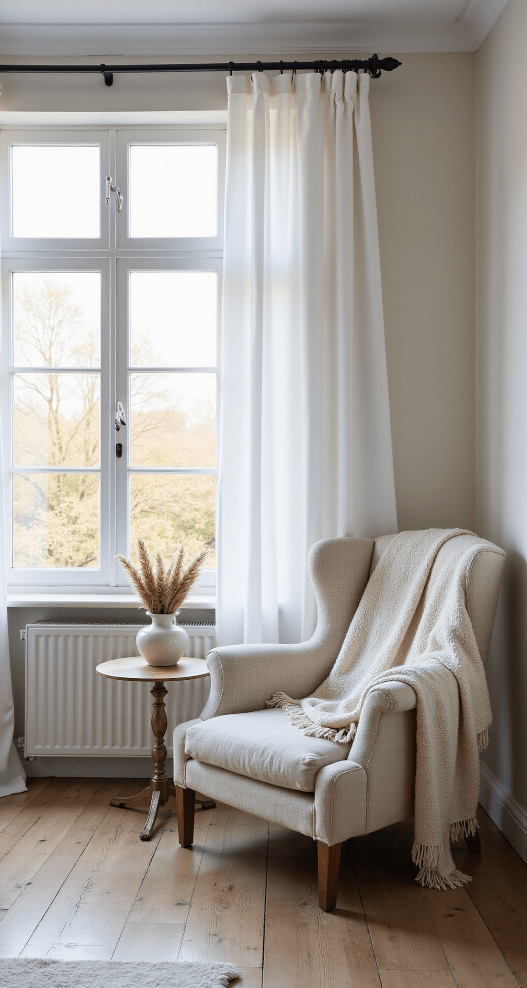 An intimate corner of a white bedroom at dawn features a weathered white armchair draped in a soft alpaca throw, beneath a bay window with sheer white curtains filtering morning light. A small brass side table holds a ceramic vase with dried pampas grass, and the creamy white walls exhibit a subtle texture. The hardwood floors have a whitewashed finish, creating a serene morning atmosphere.