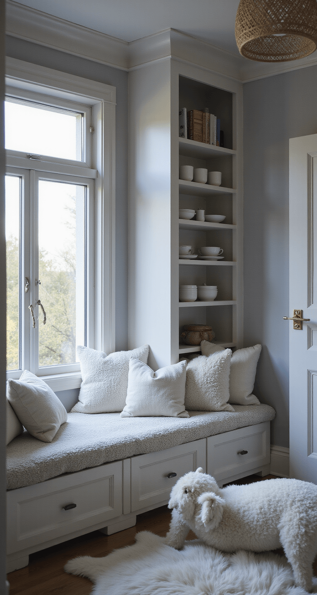 Cozy white bedroom nook featuring a built-in window seat with plush cushions, a vintage bookshelf, a woven pendant light, and a sheepskin rug, all captured during blue hour.
