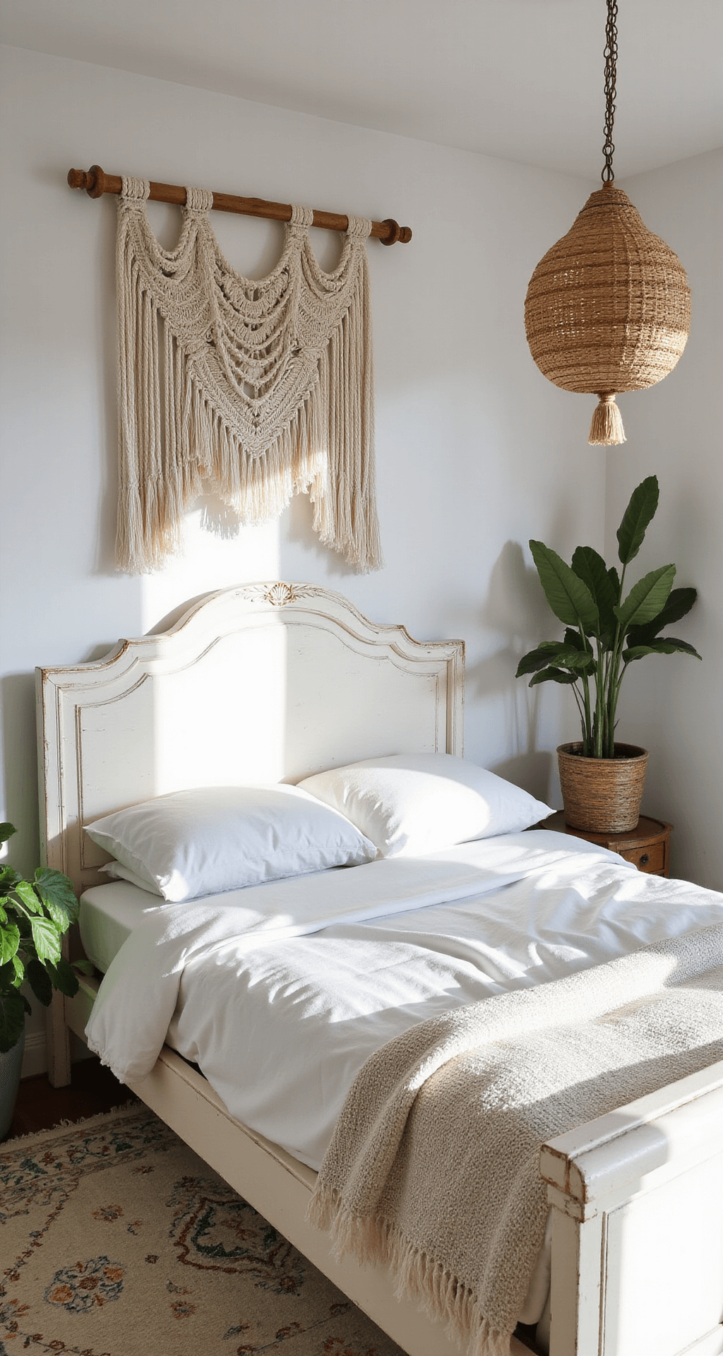 A cozy bohemian white bedroom featuring a macramé wall hanging above a distressed white headboard, layered with white cotton, linen, and crochet textiles on an unmade bed. A potted monstera adds a green accent, while a rattan pendant casts shadows. A vintage cream and white Persian rug grounds the space, highlighting textural details in the morning light.
