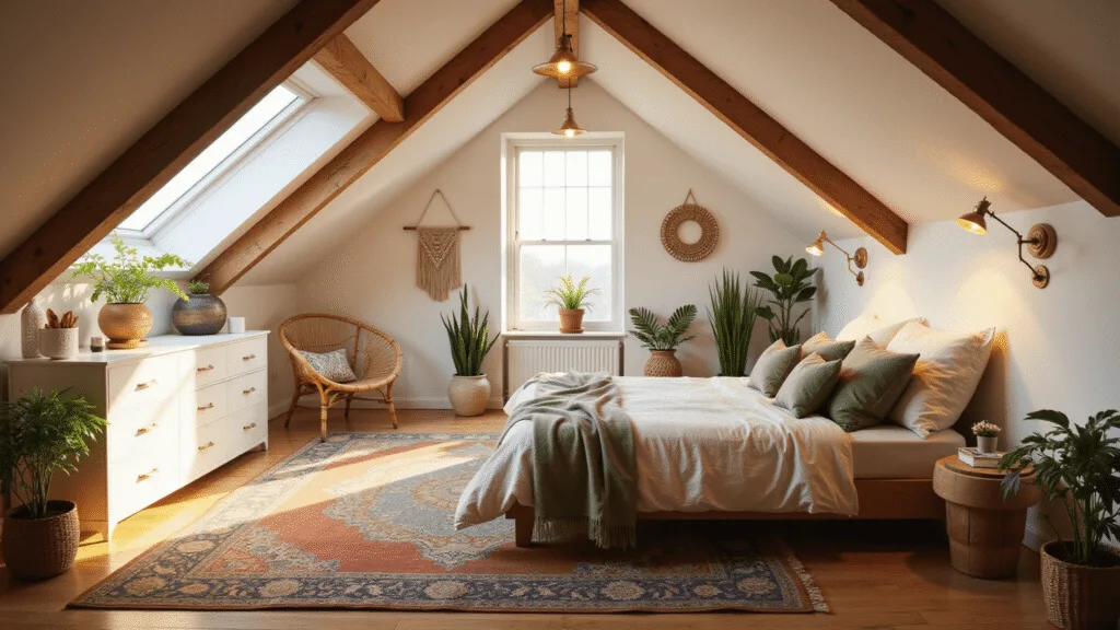 A cozy attic bedroom bathed in golden hour light, featuring sloped ceilings, a platform bed with linen bedding, a vintage Persian rug, and various lighting sources, enhanced by plants and textural decor for a warm, inviting atmosphere.