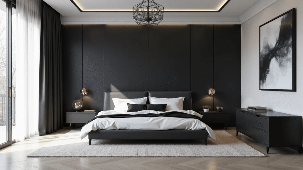 A photorealistic wide shot of a modern luxury bedroom featuring a king-size platform bed with white linens and black pillows, a matte black accent wall, and floor-to-ceiling windows with sheer curtains. The room is illuminated by morning sunlight and a geometric black chandelier, highlighting the pale oak herringbone flooring and textured white wallpaper. The space incorporates minimalist black furniture and large abstract monochrome artwork, captured in crystal-clear 8K resolution with soft natural lighting and a shallow depth of field, creating a moody atmosphere.