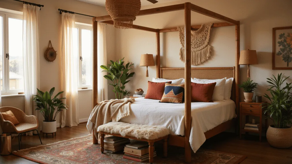 A sun-drenched boho bedroom featuring a rattan canopy bed with layered white linen bedding and vintage Kilim pillows, macramé wall hanging, woven pendant lights, and a handwoven jute rug layered with a Persian carpet. A peacock chair with a sheepskin throw and potted plants are in the corner, with brass accents and cozy vignettes throughout. The warm color palette includes cream, terracotta, olive, and amber tones, creating an intimate and globally inspired atmosphere.