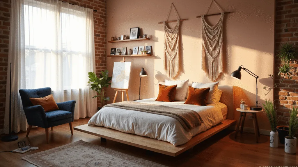 A sun-drenched modern teen bedroom with layered bedding, macramé wall hangings, vinyl records, and an easel in a cozy setting illuminated by warm, golden hour light.