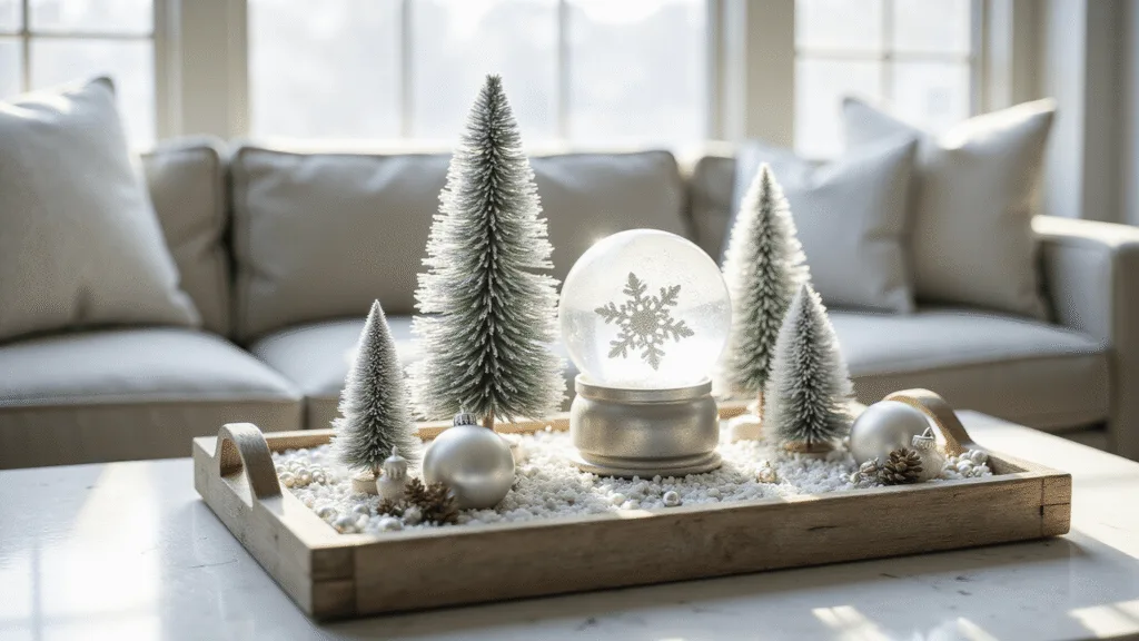 Photorealistic image of a weathered wooden tray on a marble coffee table, featuring frosted bottle brush trees, vintage mercury glass ornaments, an oversized snow globe, faux snow, silver beading, and miniature pinecones, captured in soft winter sunlight with a shallow depth of field.