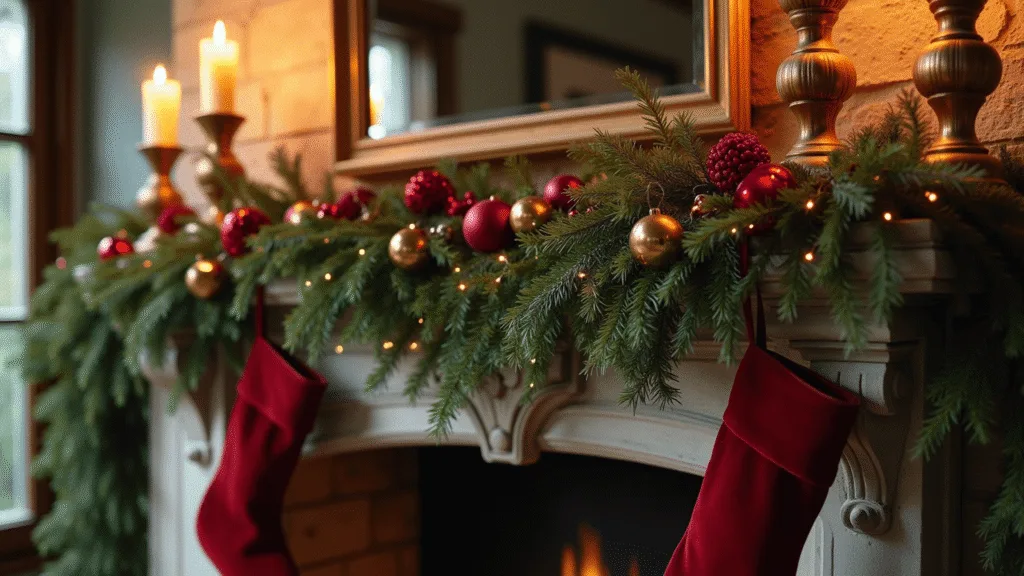 A grand living room featuring a 14-foot stone fireplace with a weathered oak mantle adorned with fresh pine garland, warm white fairy lights, and deep red velvet ribbons, accompanied by mercury glass candlesticks and crimson velvet stockings, all illuminated by golden hour light.
