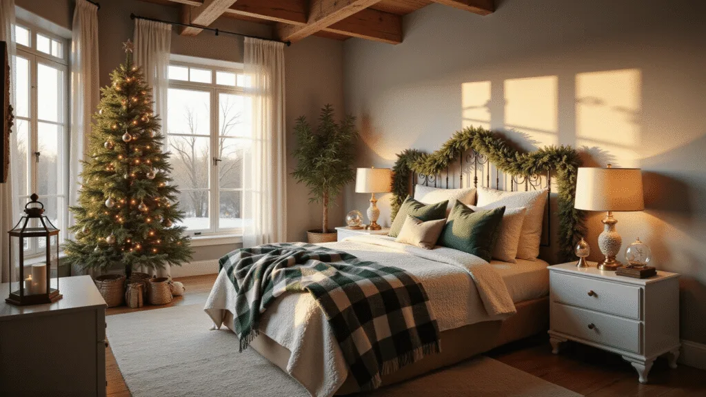 Photorealistic interior of a luxurious master bedroom decorated for Christmas, featuring a queen-sized bed with cream throws and buffalo plaid bedding, a flocked Christmas tree, and warm ambient lighting, captured at golden hour.