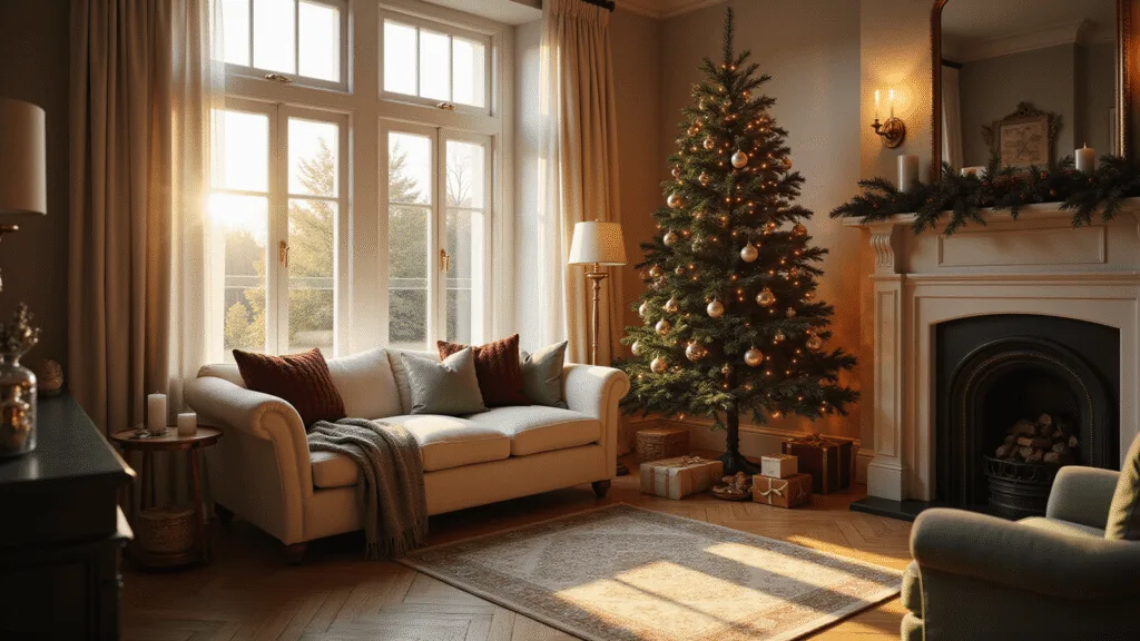A cozy Christmas living room featuring a grand 9ft Noble fir tree in a bay window, adorned with vintage glass ornaments, a plush cream sectional sofa with burgundy throws, antique brass lamps, and a warm glow of golden hour light filtering through sheer curtains.