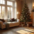 A cozy Christmas living room featuring a grand 9ft Noble fir tree in a bay window, adorned with vintage glass ornaments, a plush cream sectional sofa with burgundy throws, antique brass lamps, and a warm glow of golden hour light filtering through sheer curtains.