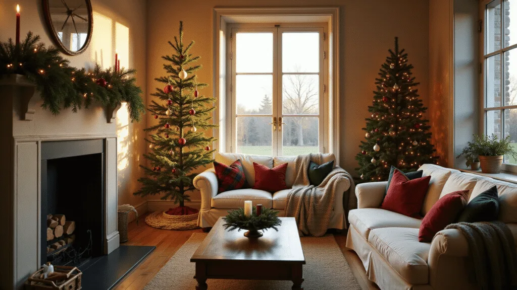 A luxurious living room at golden hour featuring a decorated Christmas tree, cozy sofas with tartan throws, and warm lighting, creating a festive and inviting atmosphere.